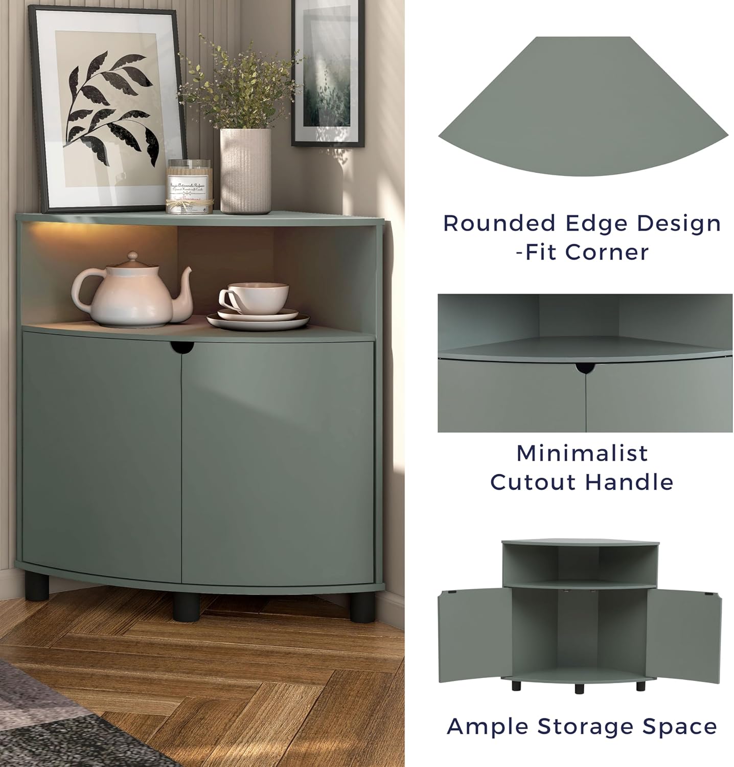 Berg Modern 31-inch LED Corner Cabinet with 2 Shelves 16 Colors USB Charge Cord Sage Green