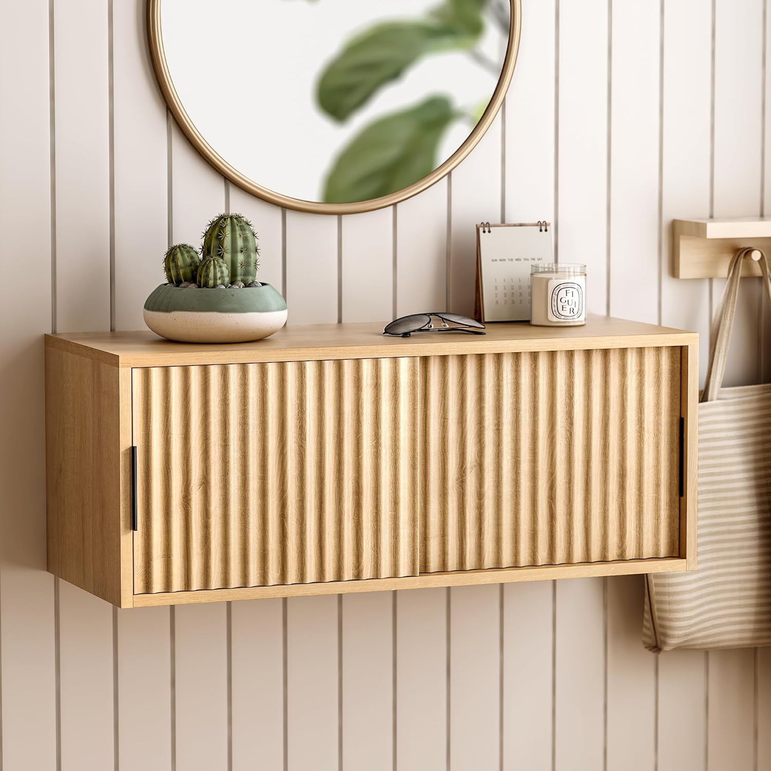 Fluted Wall Cabinet with Sliding Doors Natural Oak