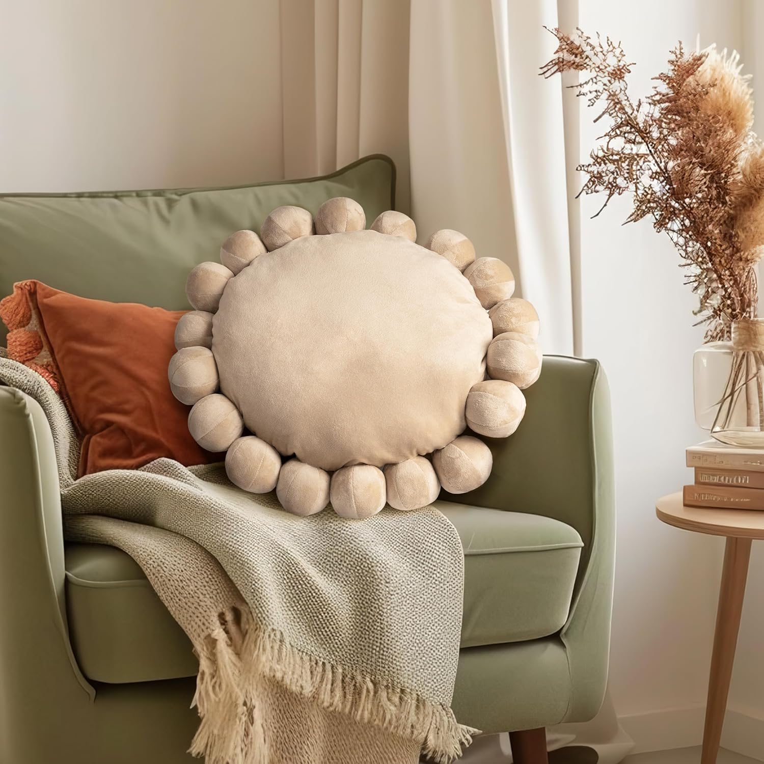 AELS Boho Beaded Round Pillow 185 Inch Modern Velvet Cushion