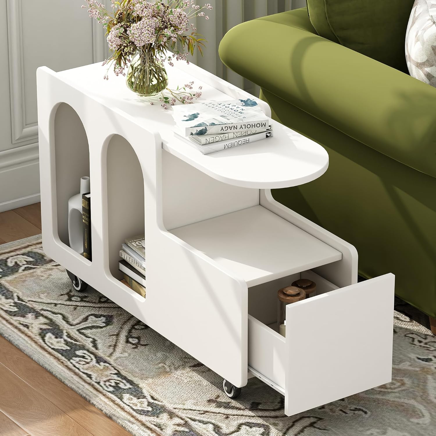 FEMICON Mobile End Table with Lockable Wheels