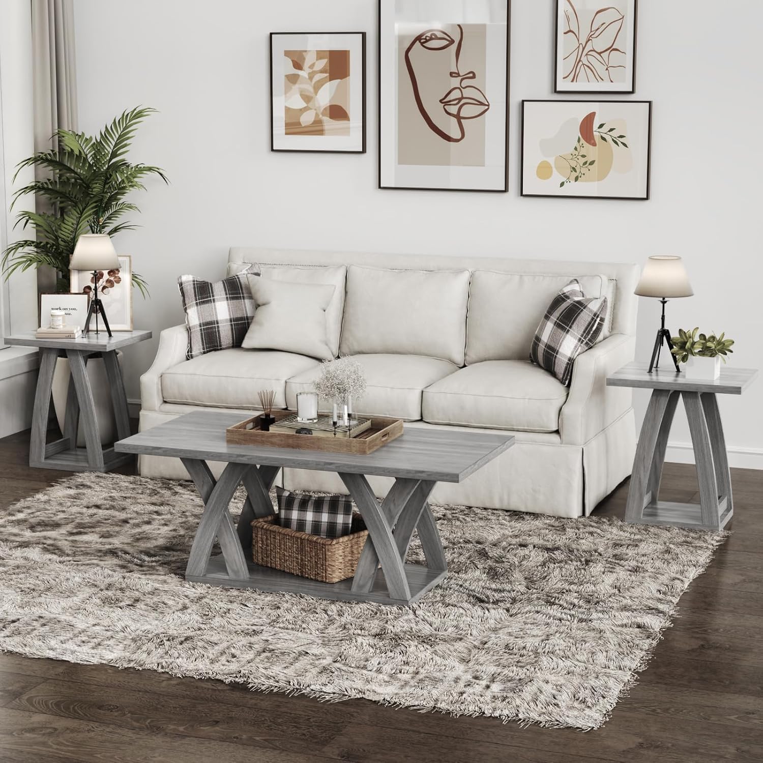 Modern Grey End Table Set of 2 for Living Room and Bedroom