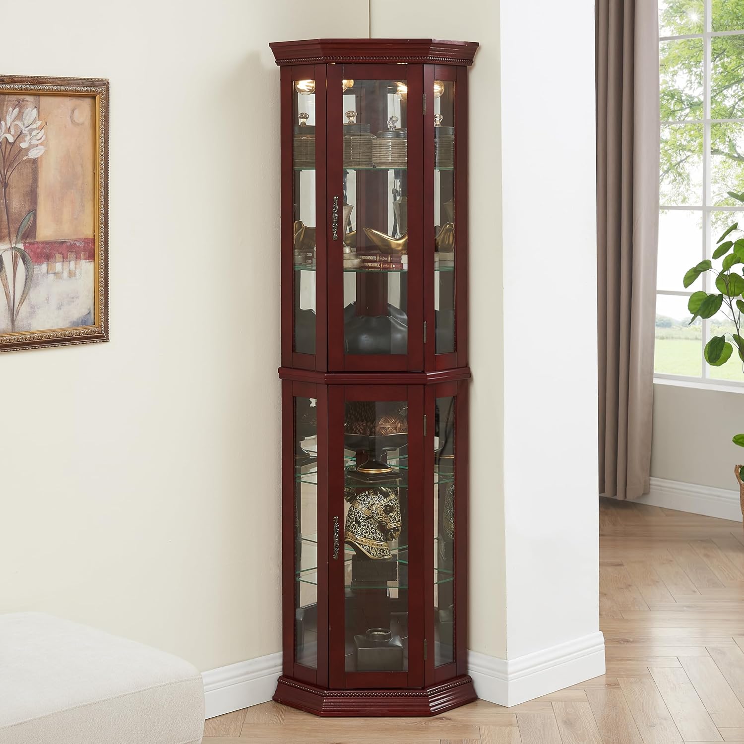 Lighted Corner Cabinet with Glass Doors and Adjustable Shelves