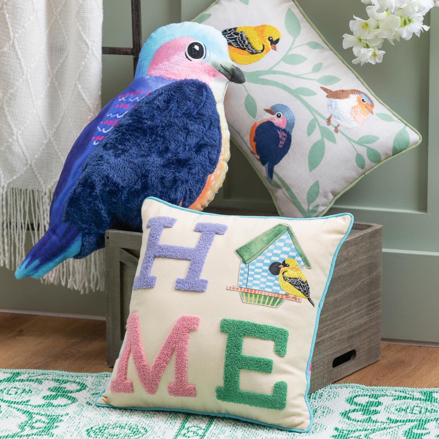 Evergreen Flag Shaped Throw Pillow with Embroidery Blue Bird