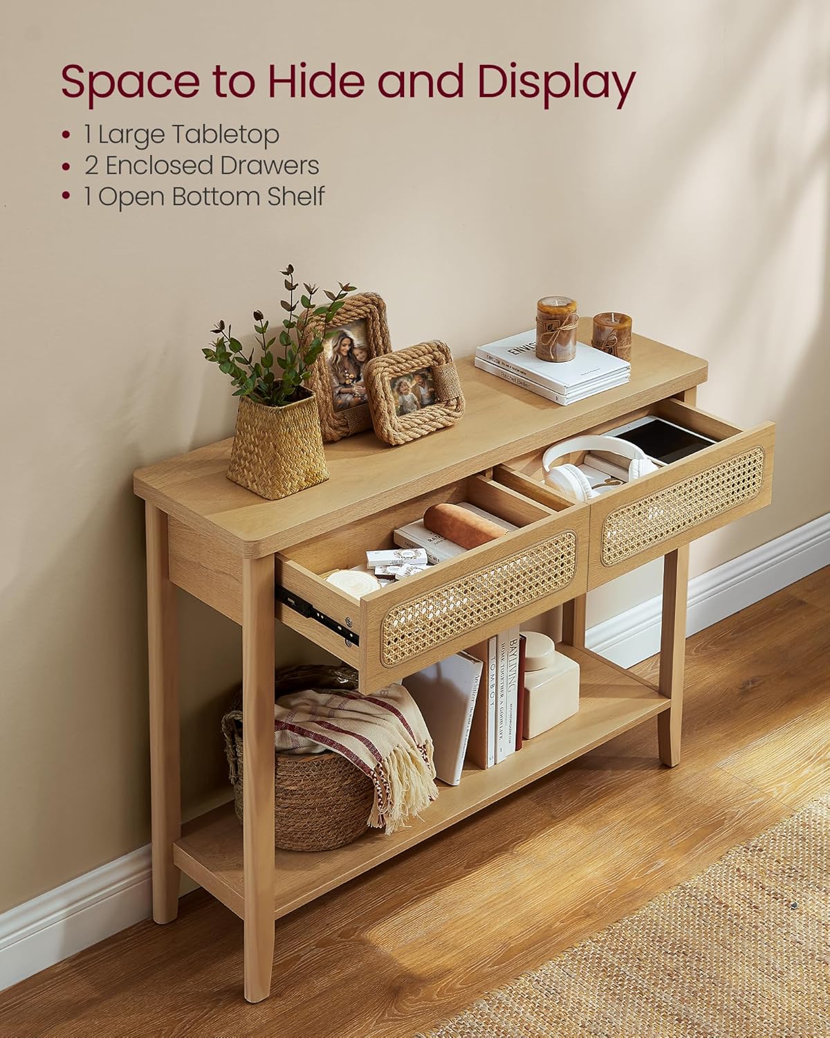 VASAGLE Console Table with 2 Drawers and Open Shelf Boho Style Oak Beige