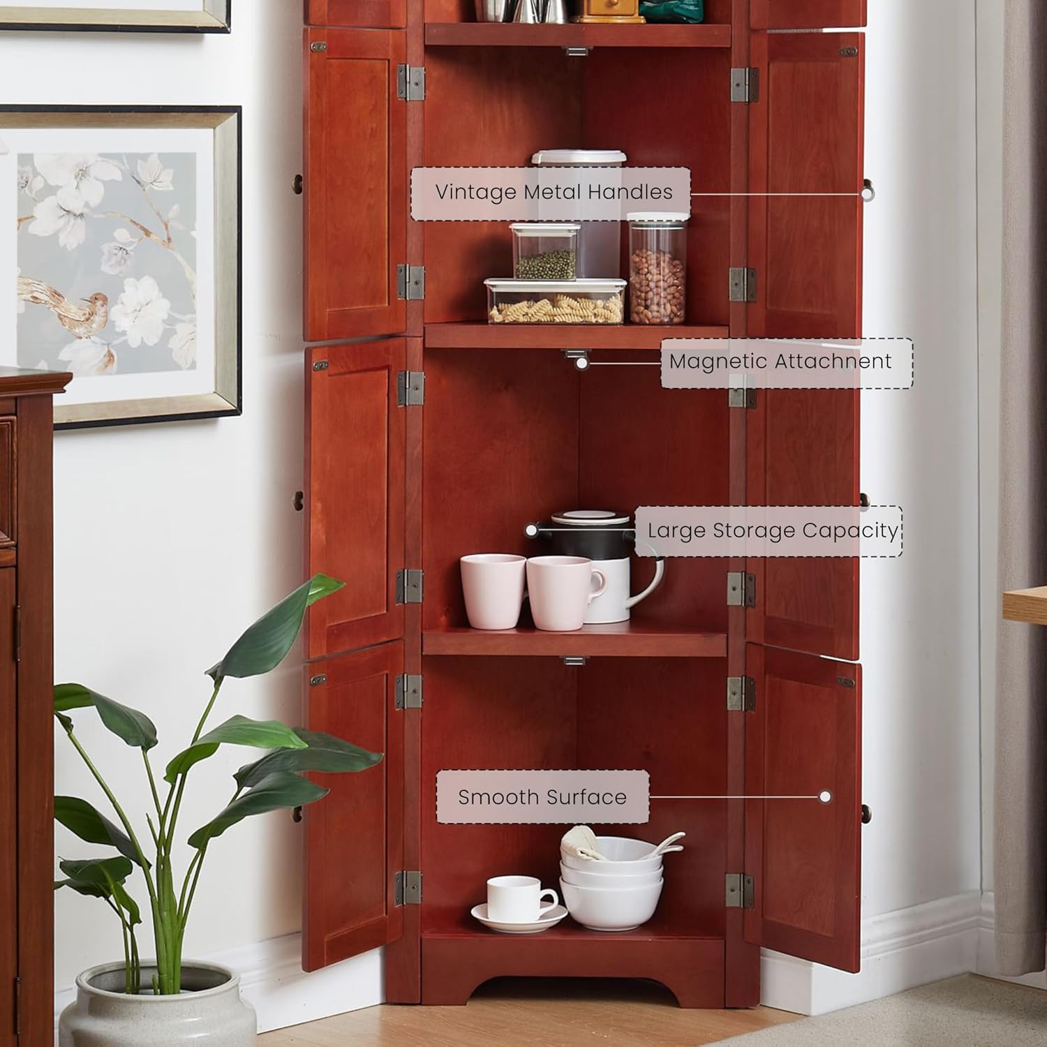 Corner Storage Cabinet 72 Inch Tall Wooden Kitchen Pantry with 8 Doors and 4 Adjustable Shelves