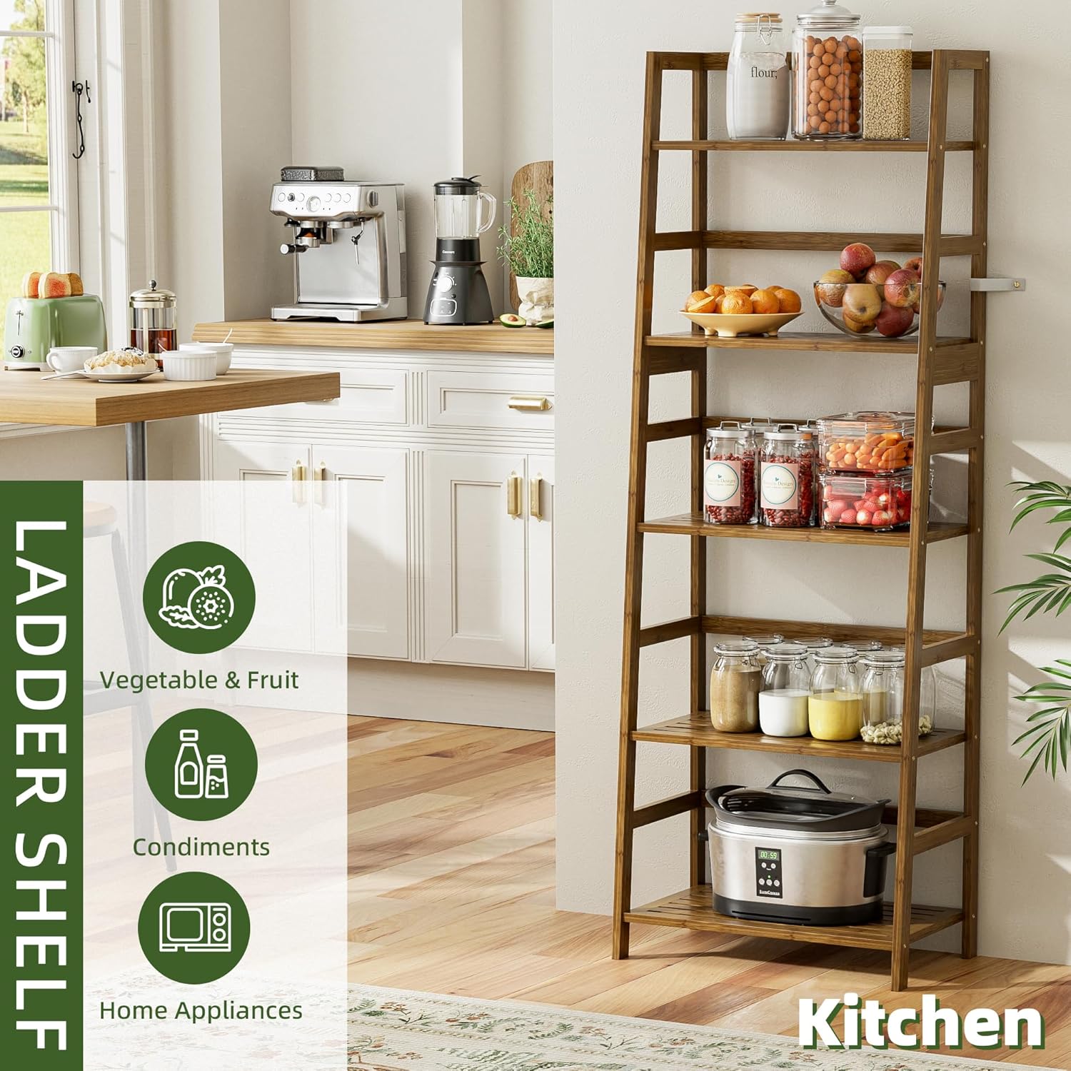 Vovala 5-Tier Bamboo Bookshelf with Modern Ladder Design