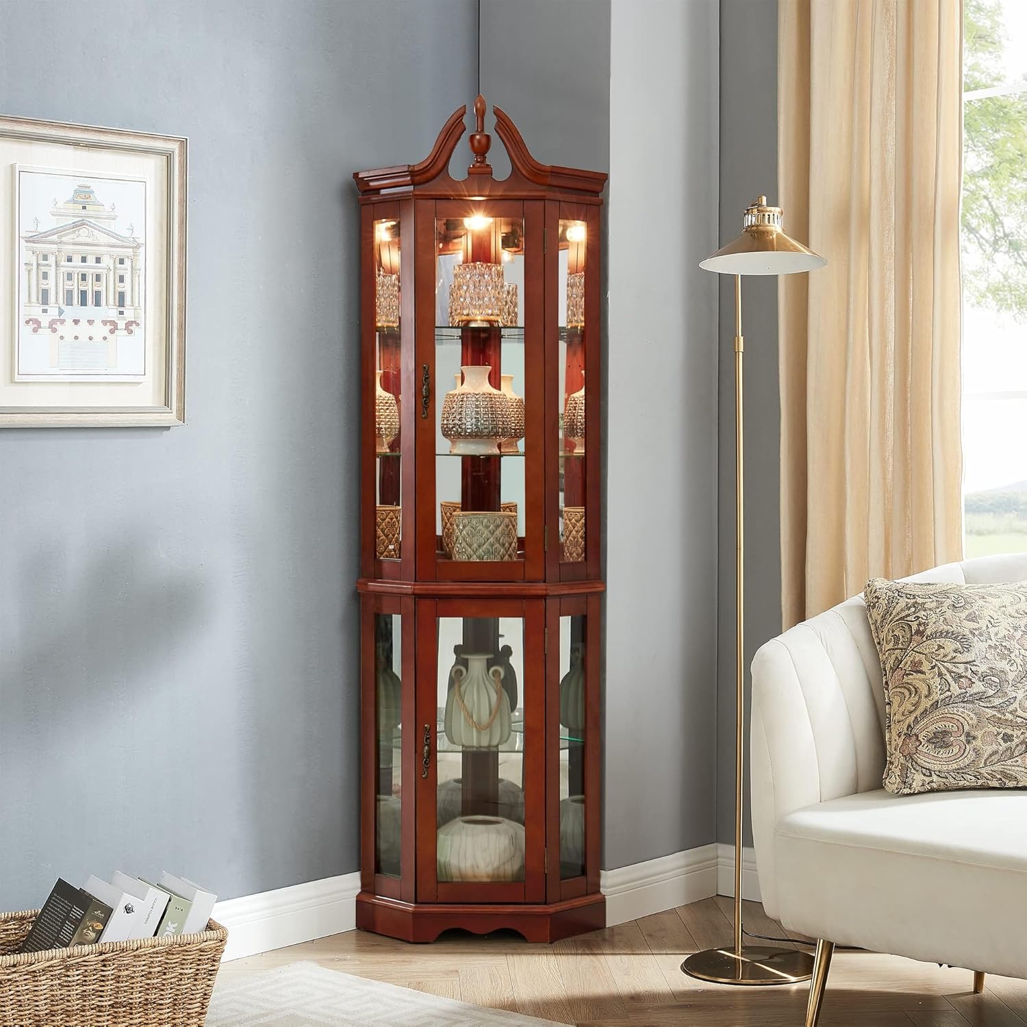 Lighted Corner Curio Display Cabinet with Tempered Glass Doors