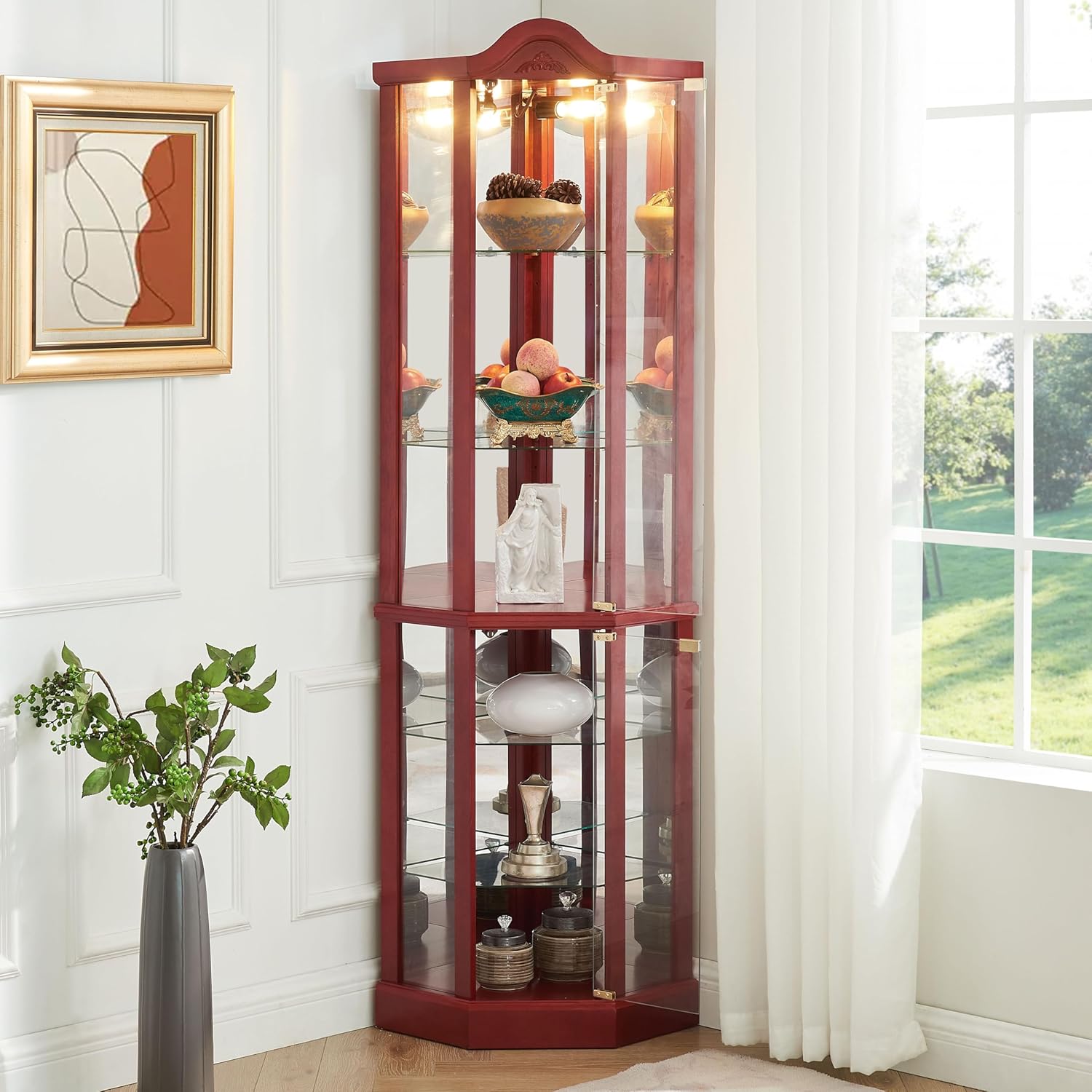 Lighted Corner Display Cabinet with 5 Shelves and Tempered Glass Doors