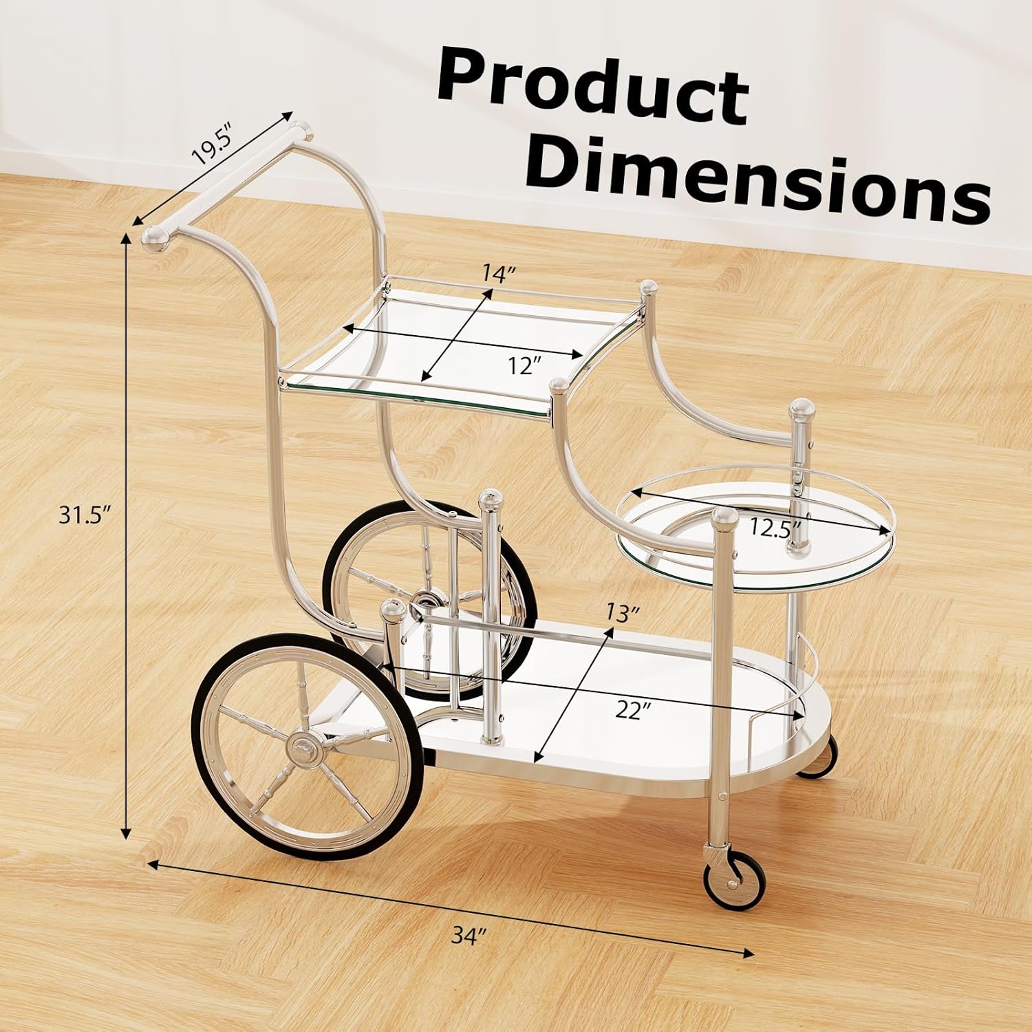 Tangkula 3-Tier Bar Cart with Mirrored Shelves and 4 Wheels