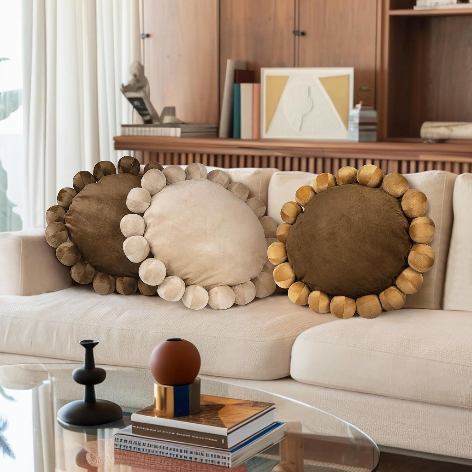AELS Boho Beaded Round Pillow 185 Inch Modern Velvet Cushion