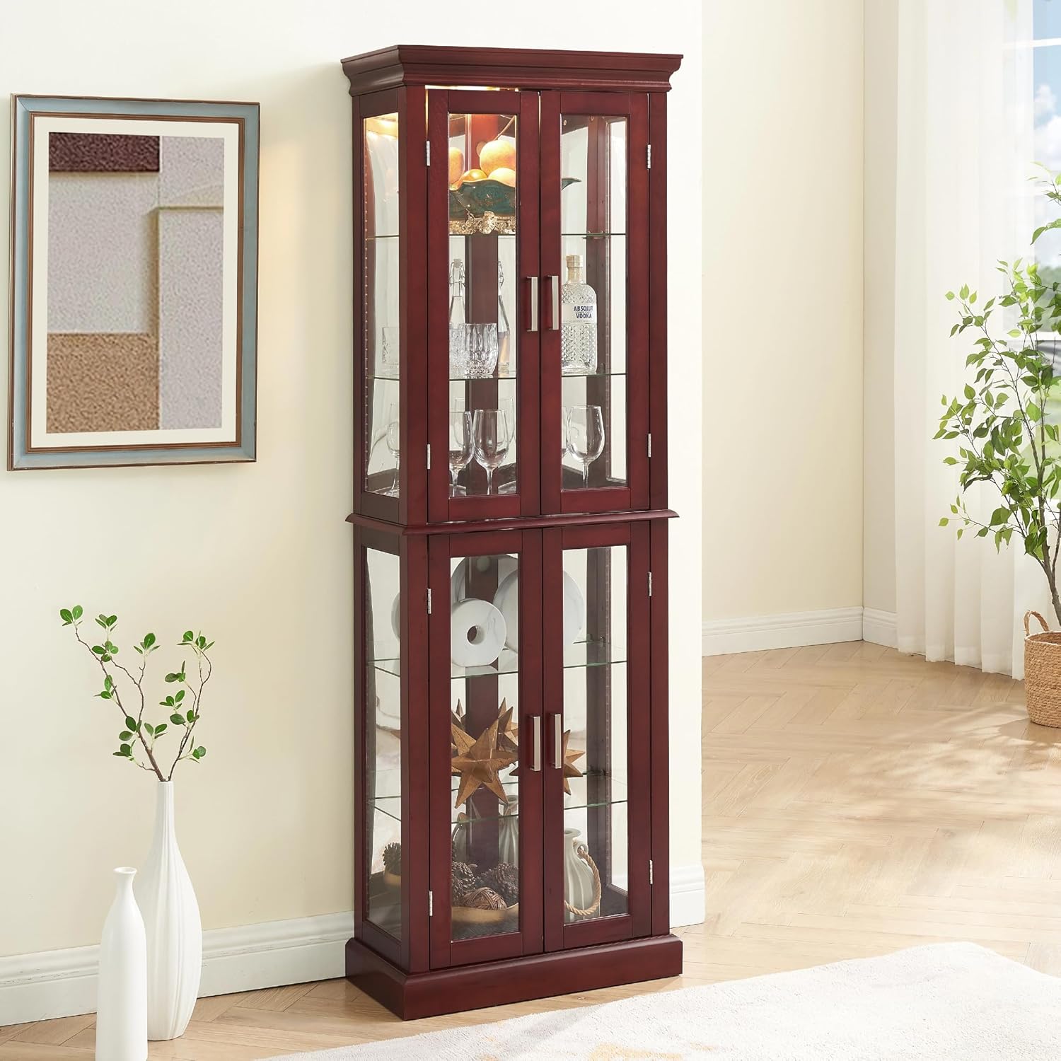 Tall Storage Cabinet with Adjustable Shelves and Lighted Glass Display
