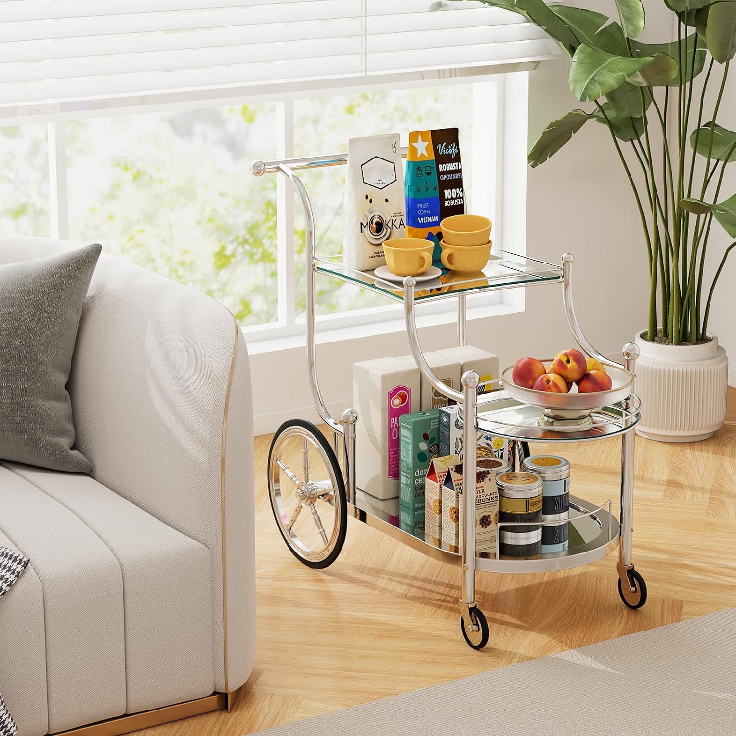 Tangkula 3-Tier Bar Cart with Mirrored Shelves and 4 Wheels