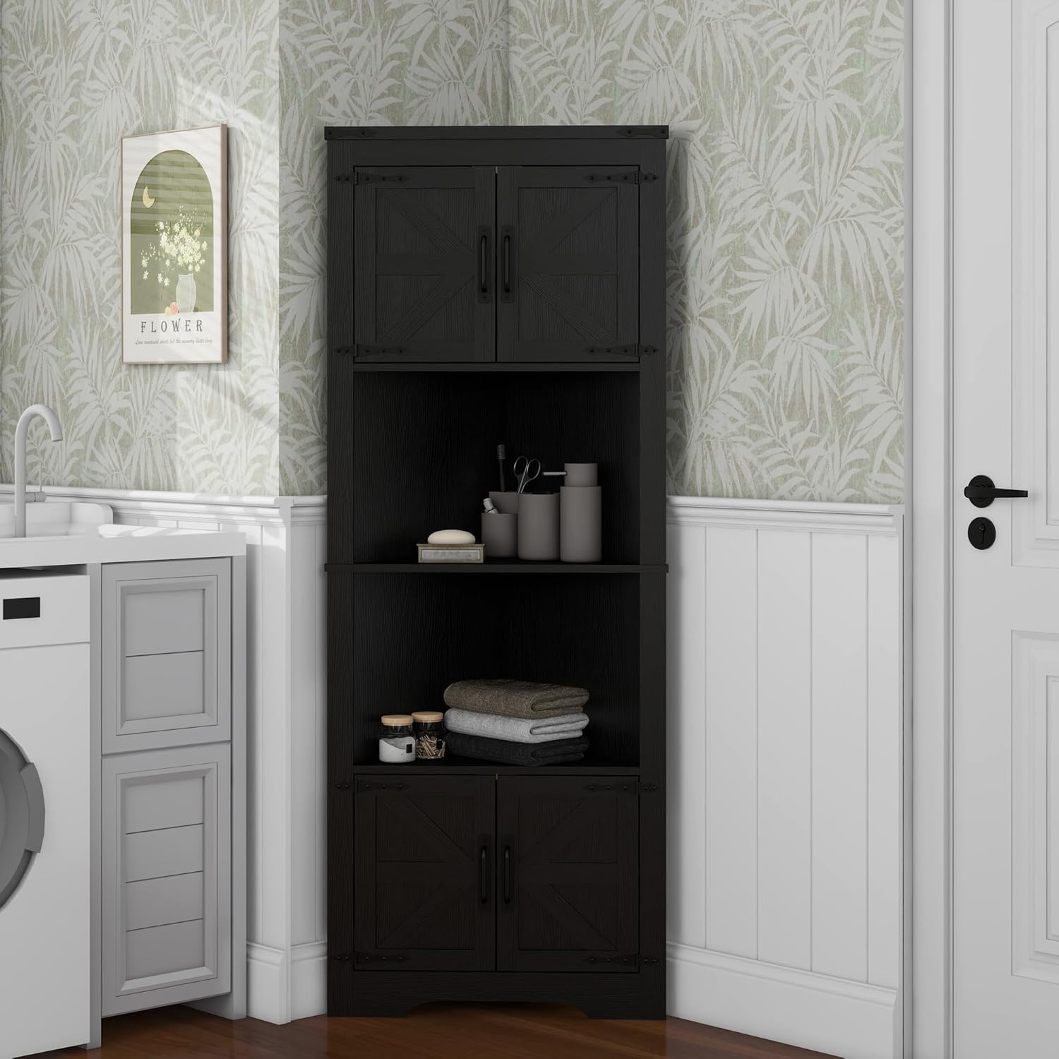 Panana Tall Corner Cabinet with Barn Doors and Adjustable Shelves Black