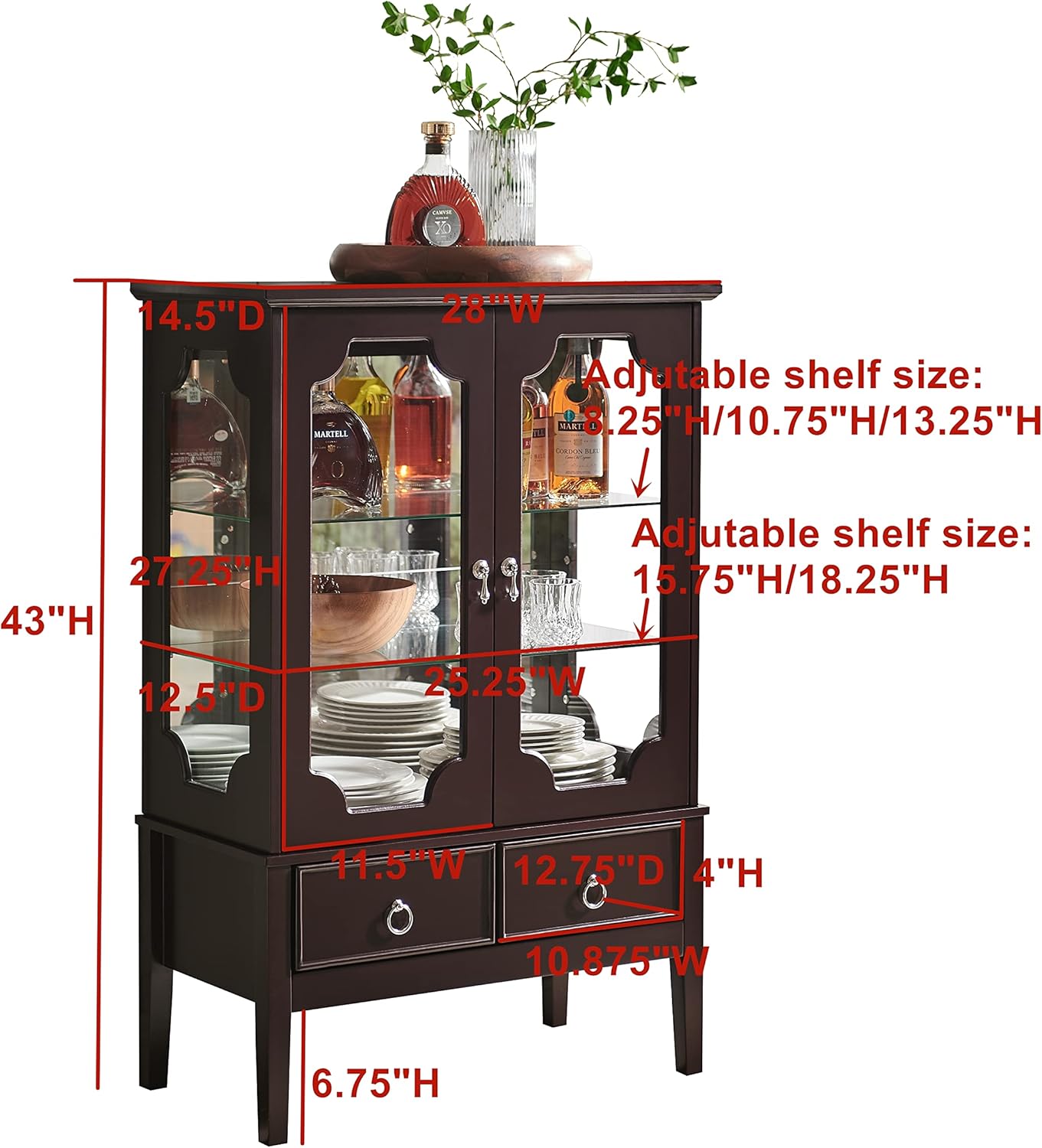 KB Designs Cherry Curio Display Storage Cabinet with Glass Shelves