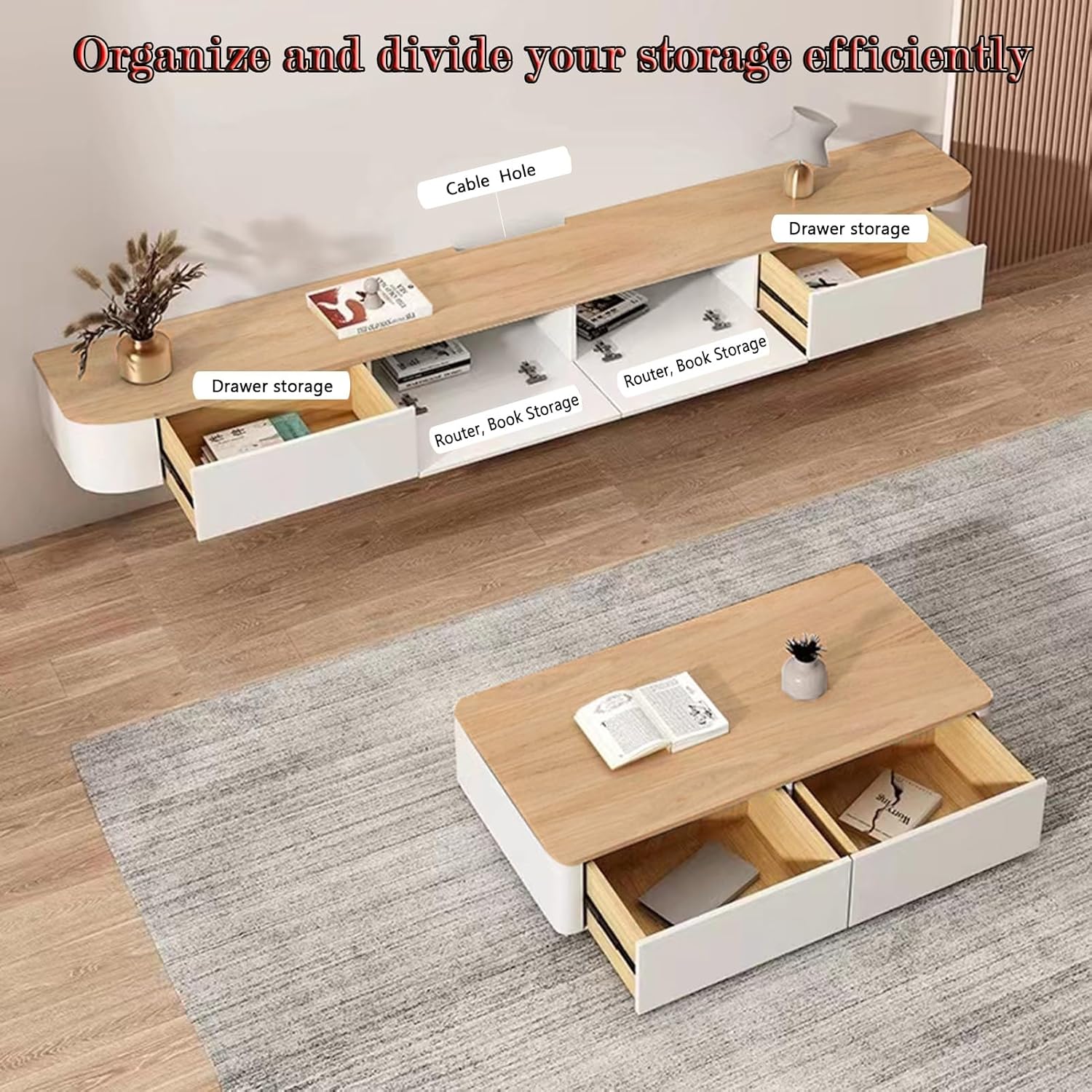 Sobstkeo Floating TV Stand Wall Mounted Cabinet 140CM Wood and White