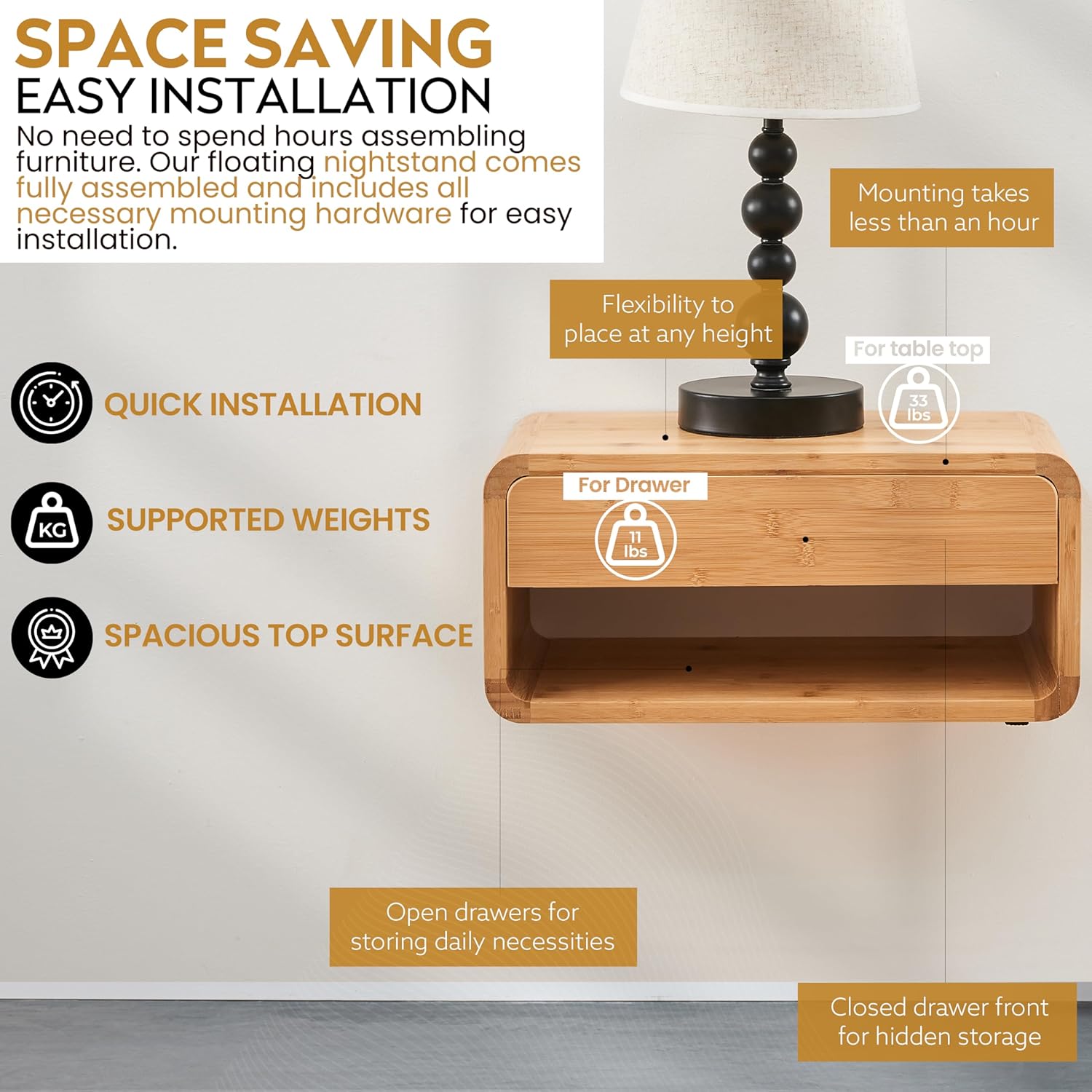 Bamboo Floating Nightstand with Drawer and Open Shelf