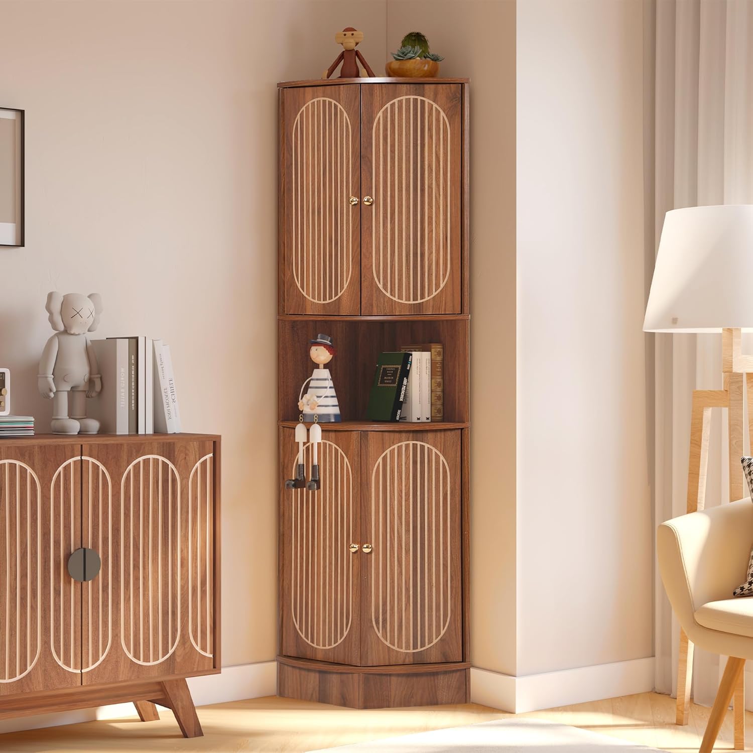 71 Inch Tall Corner Cabinet with Doors and 5-Tier Shelves in Walnut