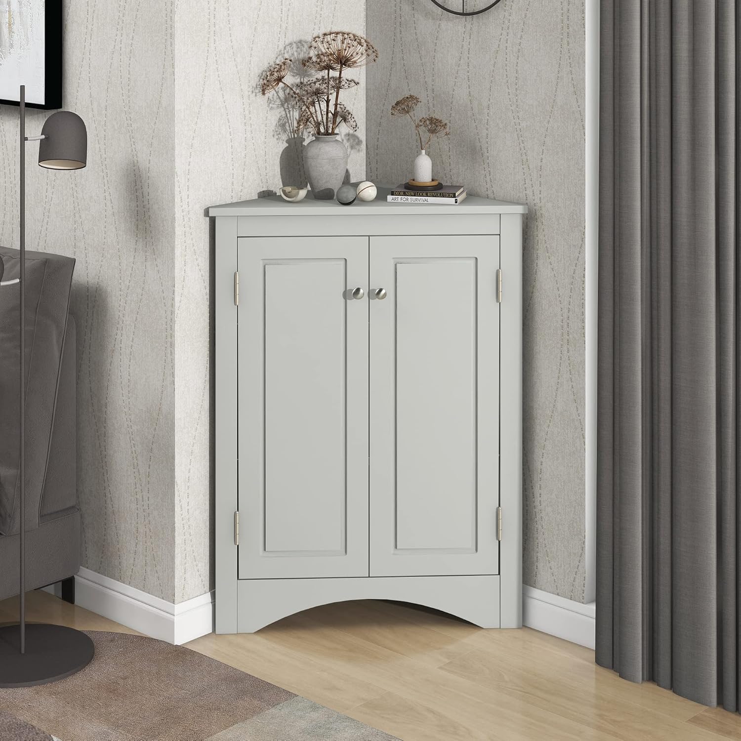GDFStudio 315 Inch H Triangle Corner Storage Cabinet Grey