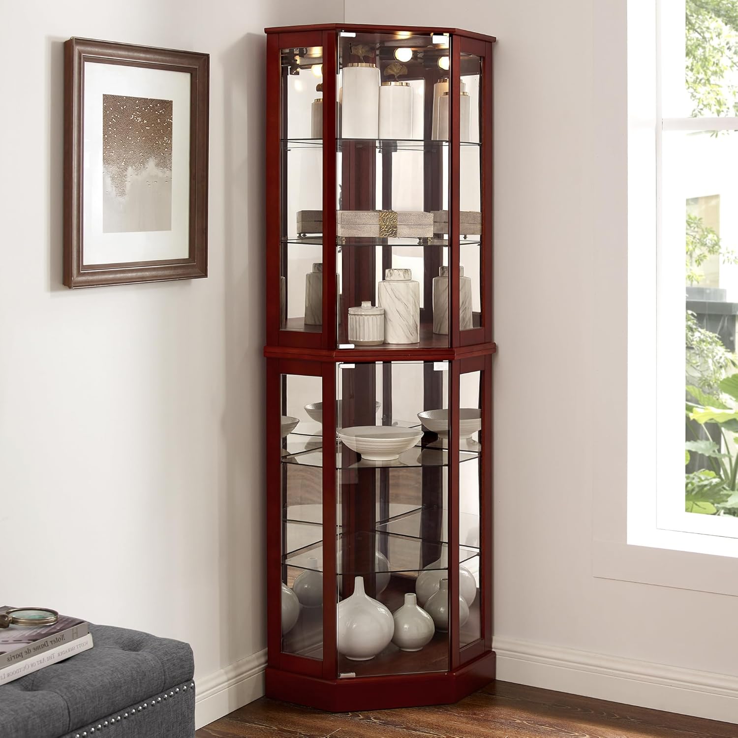 Maximize Storage 6 Shelf Corner Curio Cabinet Cherry