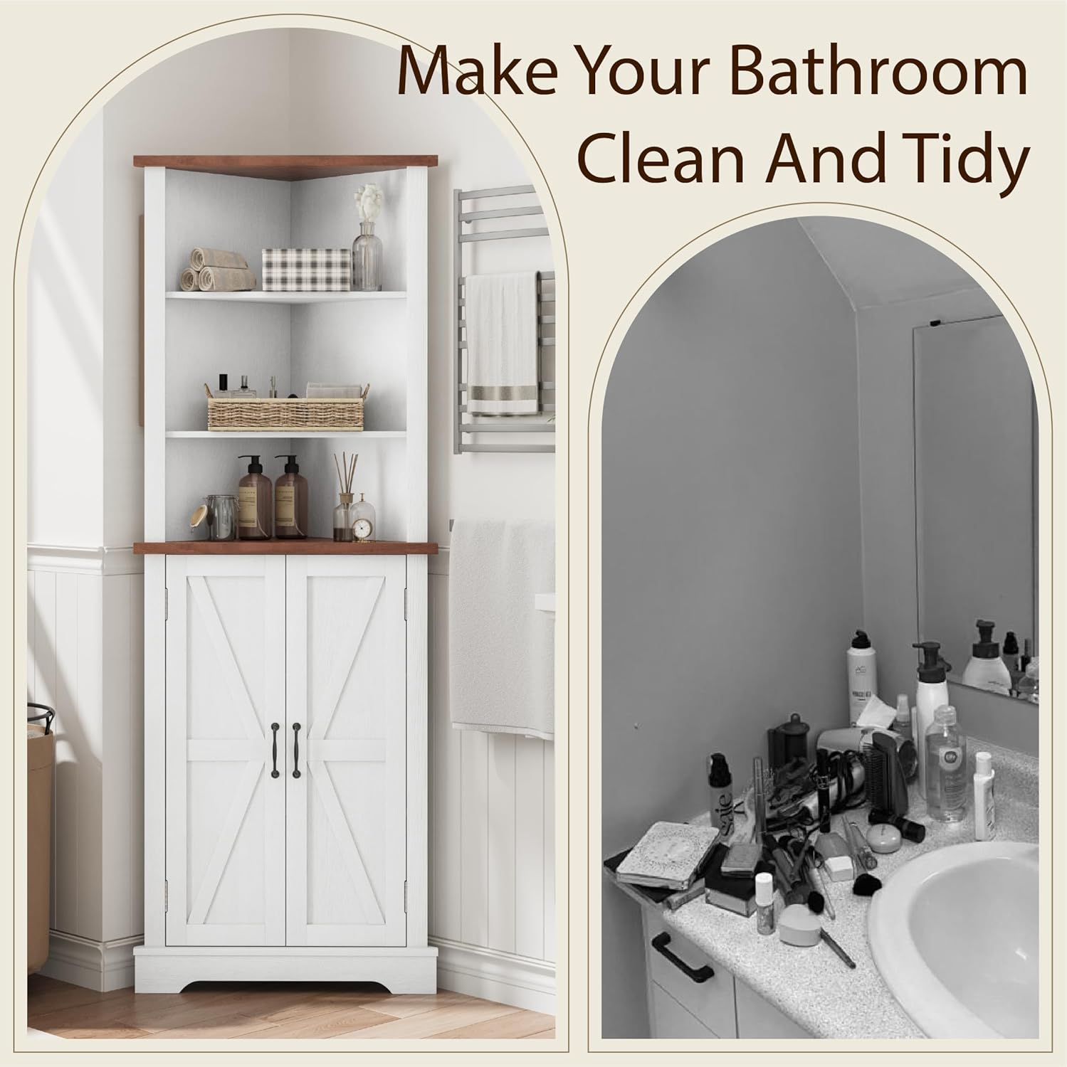 Smuxee Tall Corner Storage Cabinet with Barn Door and Adjustable Shelves