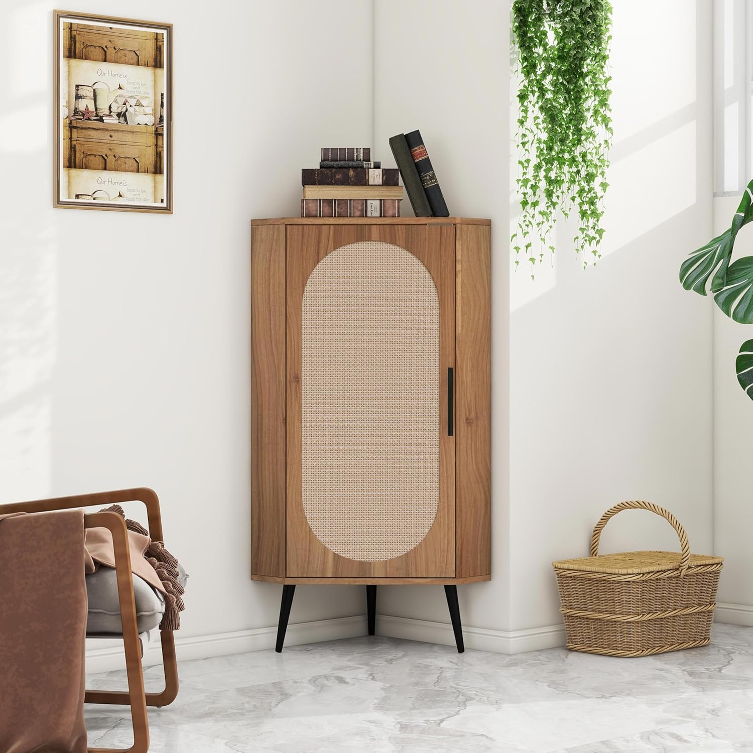 Knocbel Rustic Corner Storage Cabinet with Adjustable Shelves and Rattan Door