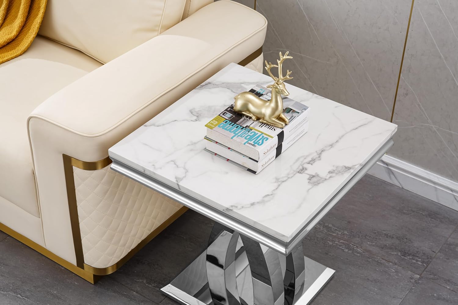 Modern Faux Marble End Table with X-Shaped Stainless Steel Base