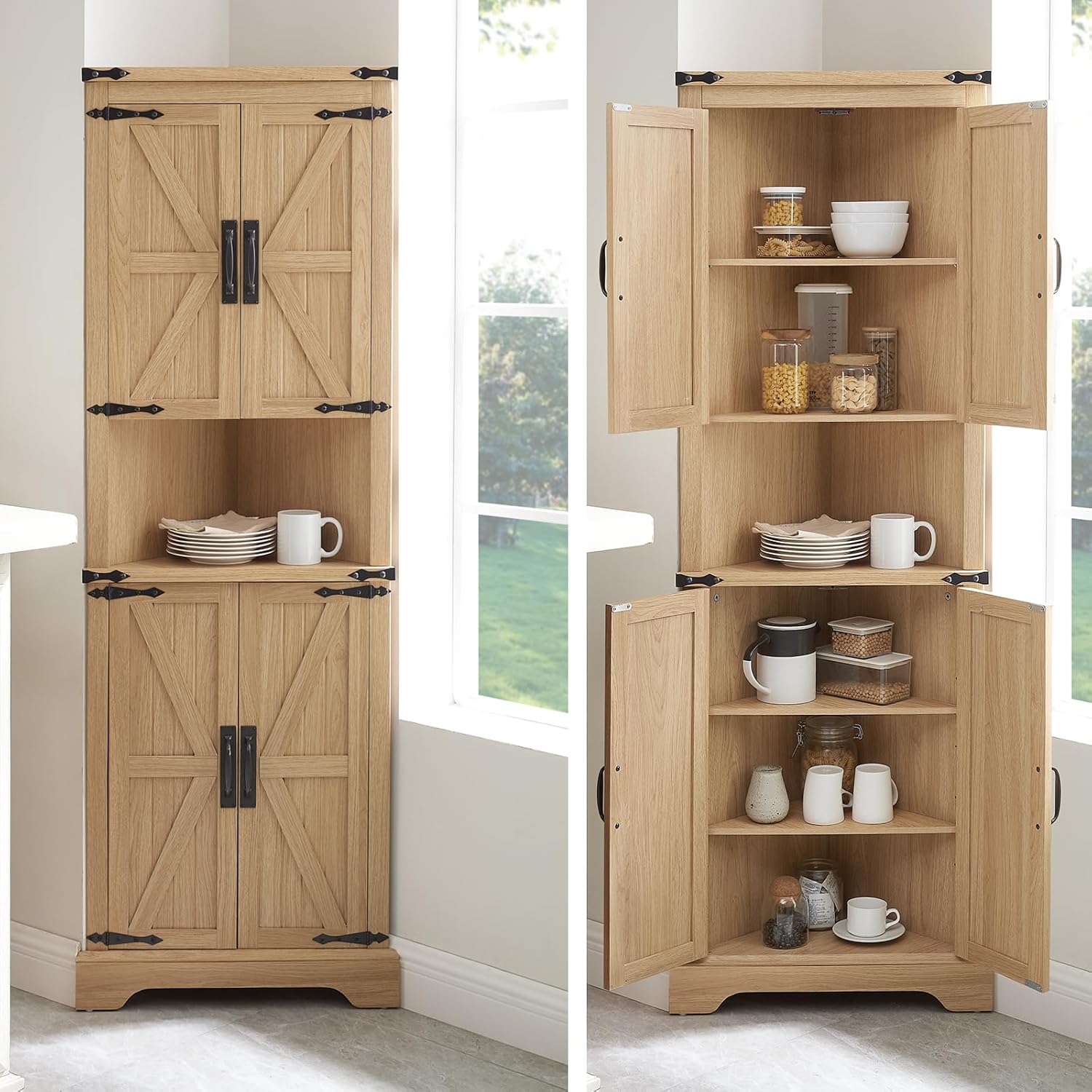 Tall Farmhouse Corner Cabinet with 4 Doors and Adjustable Shelves