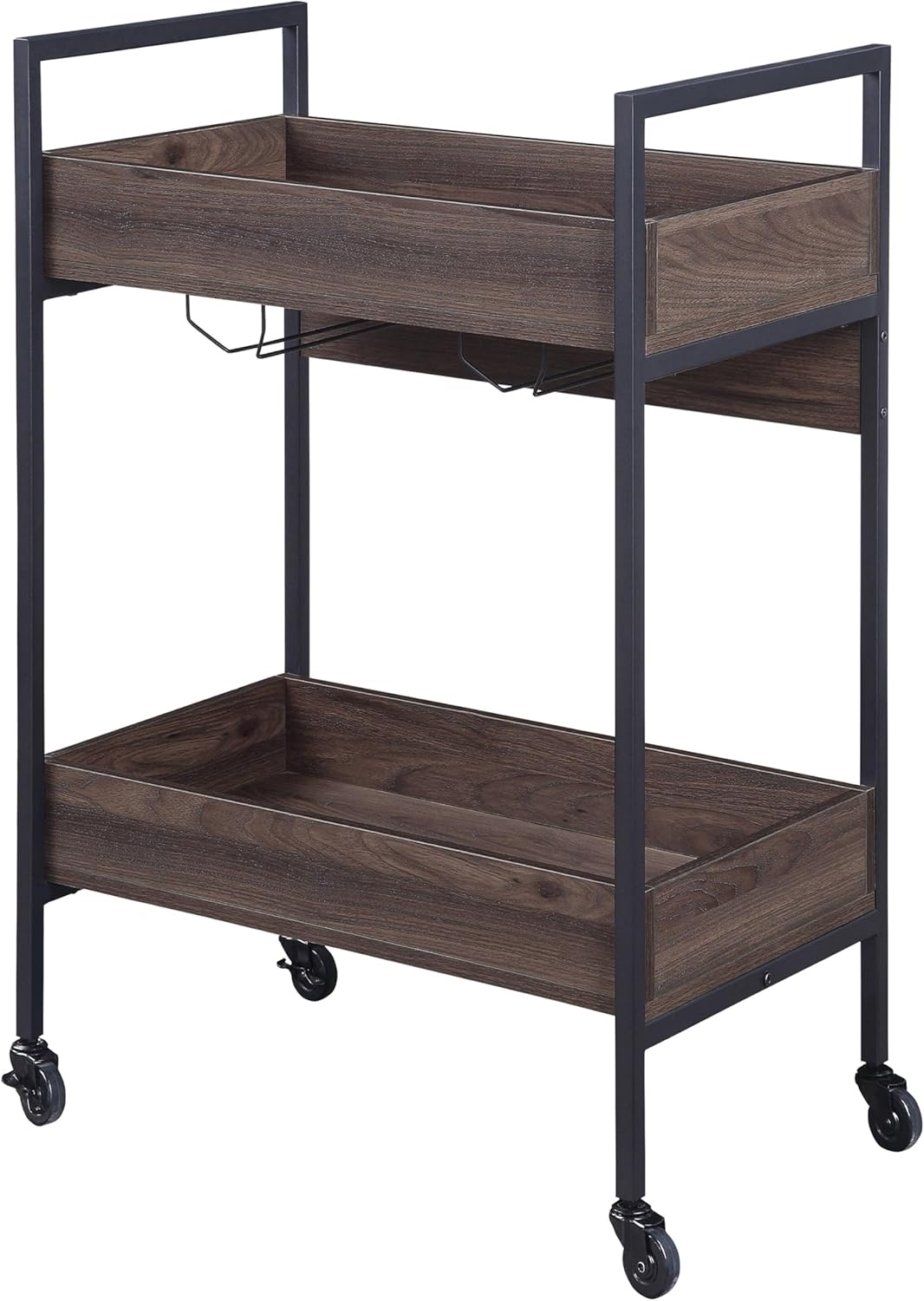 Walnut and Black Serving Cart with Two Shelves and Cup Holder