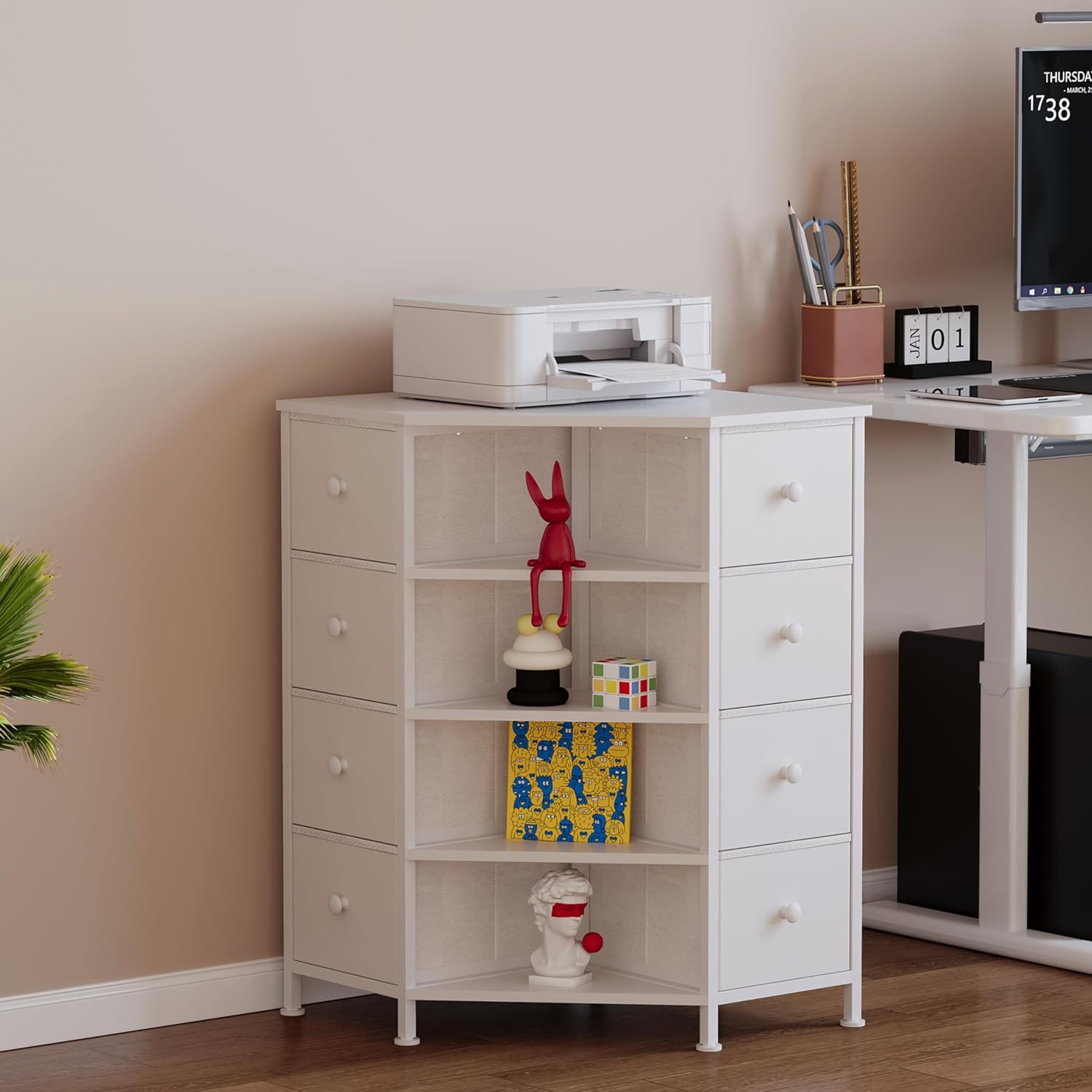 LUMTOK 8 Drawer Corner Dresser with Fabric and Open Shelves White