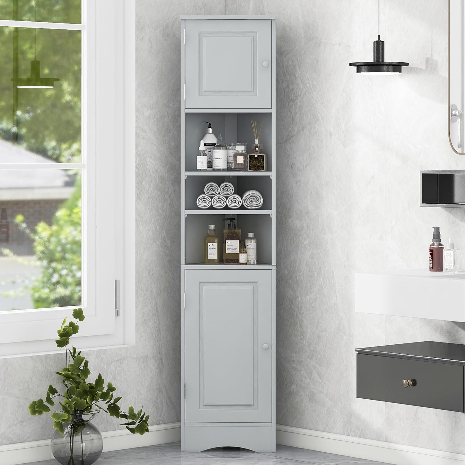 Triangle Tall Corner Storage Cabinet with 2 Doors Open and Adjustable Shelves - Grey