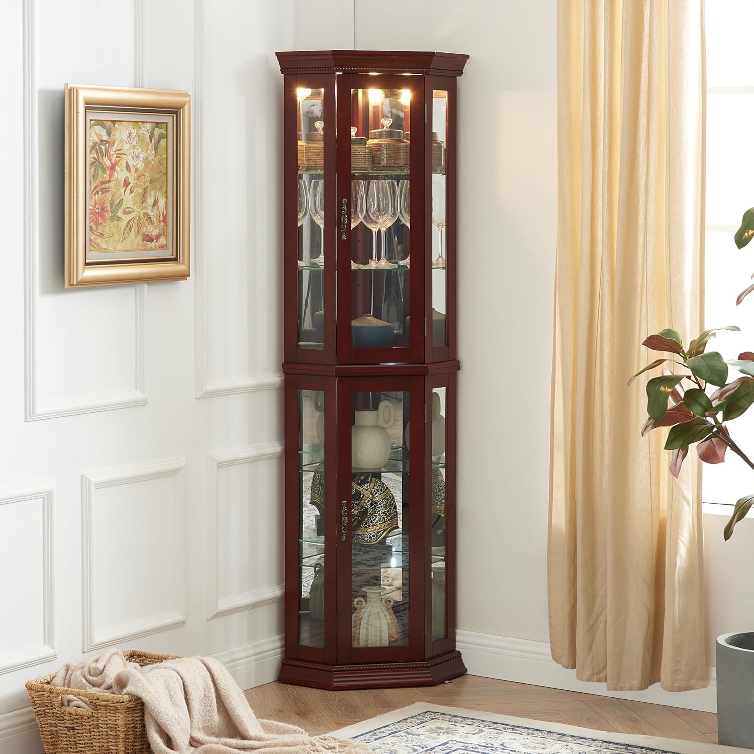 Lighted Display Cabinet with Adjustable Shelves and Mirrored Back
