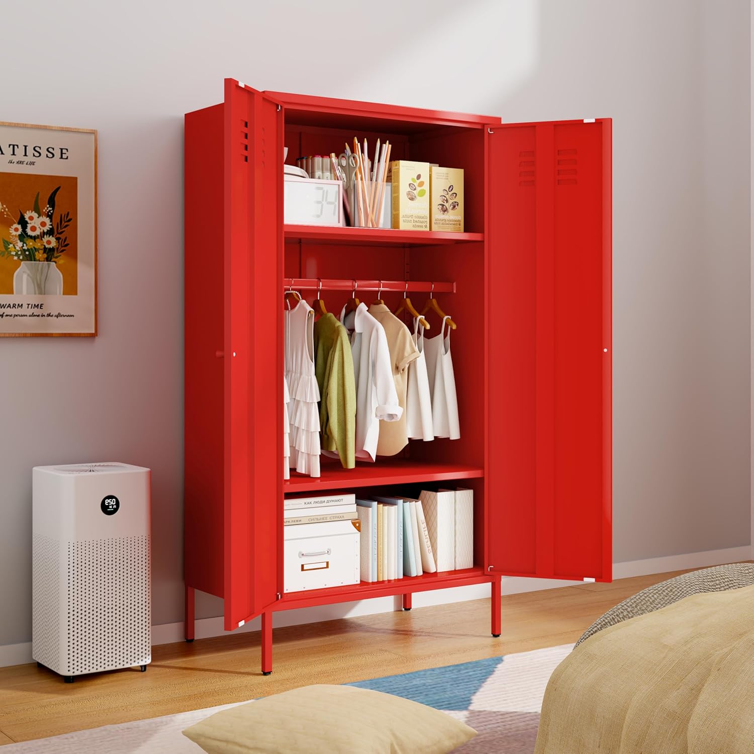 Fumedo Metal Wardrobe Cabinet with Adjustable Shelves and Hanging Rods 2 Door Red