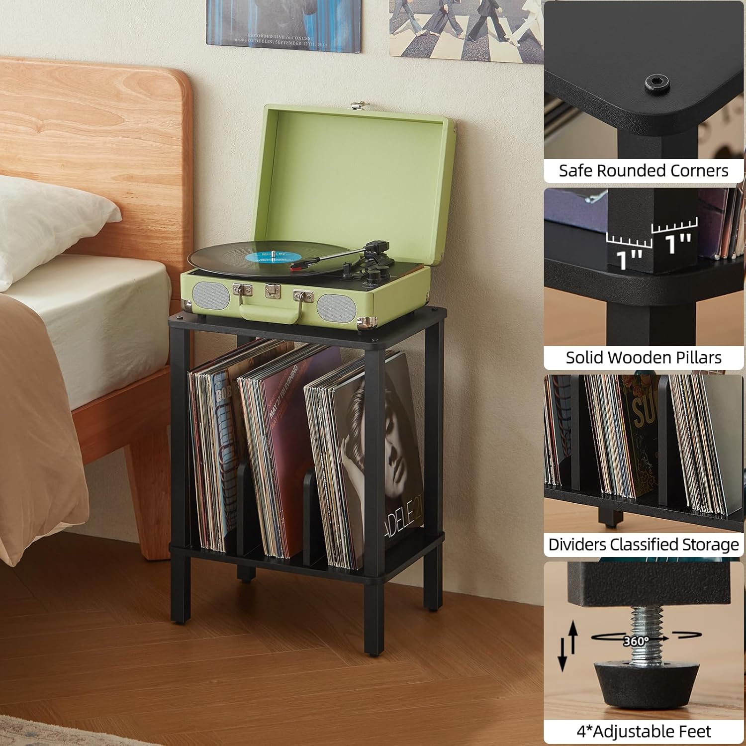 LELELINKY 2-Tier Record Player Stand with Storage for 100 Albums Black