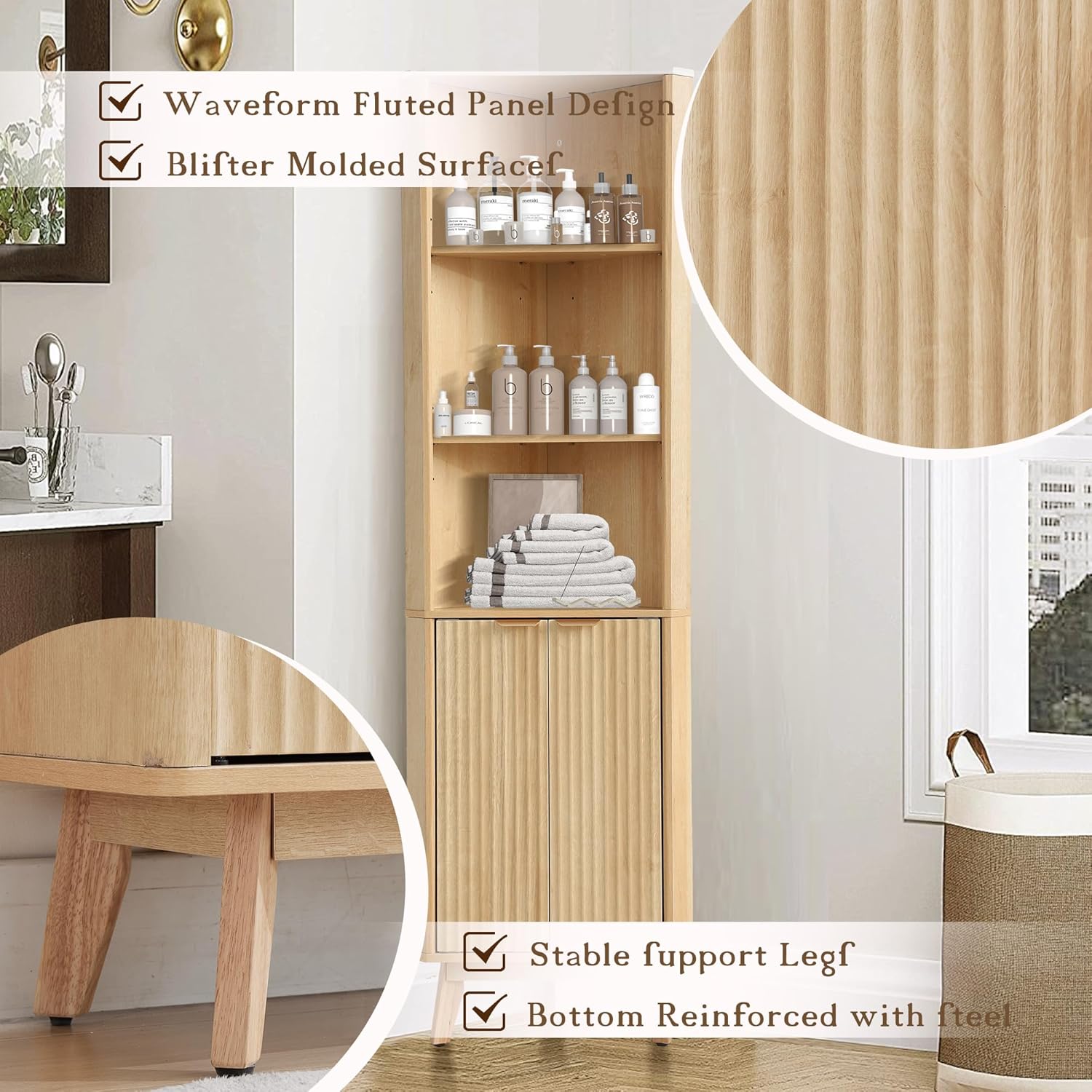 68 Corner Storage Cabinet with Fluted Doors and Adjustable Shelves