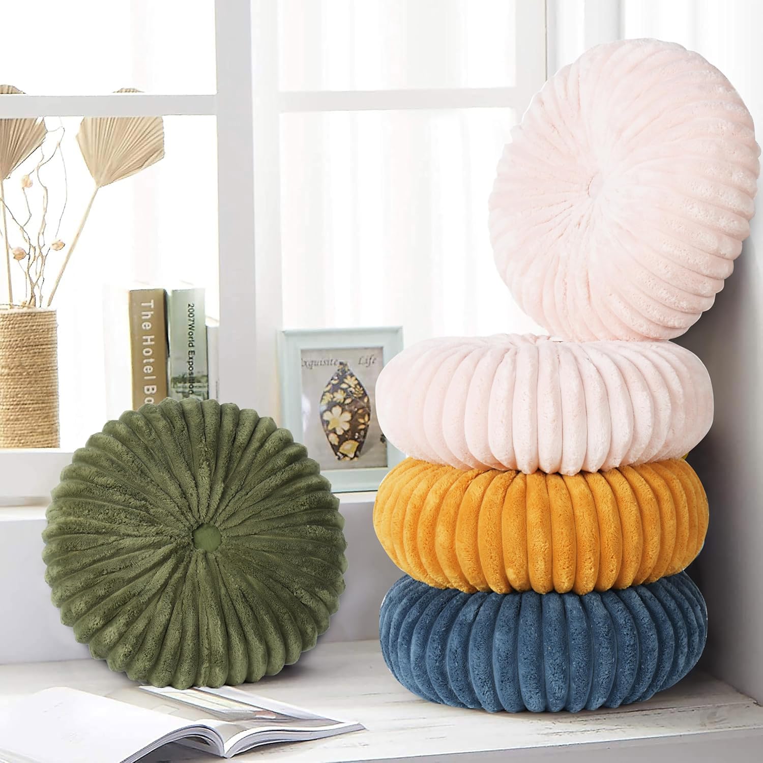 HIG Decorative Round Throw Pillows Set of 2 Velvet Pumpkin Pillows