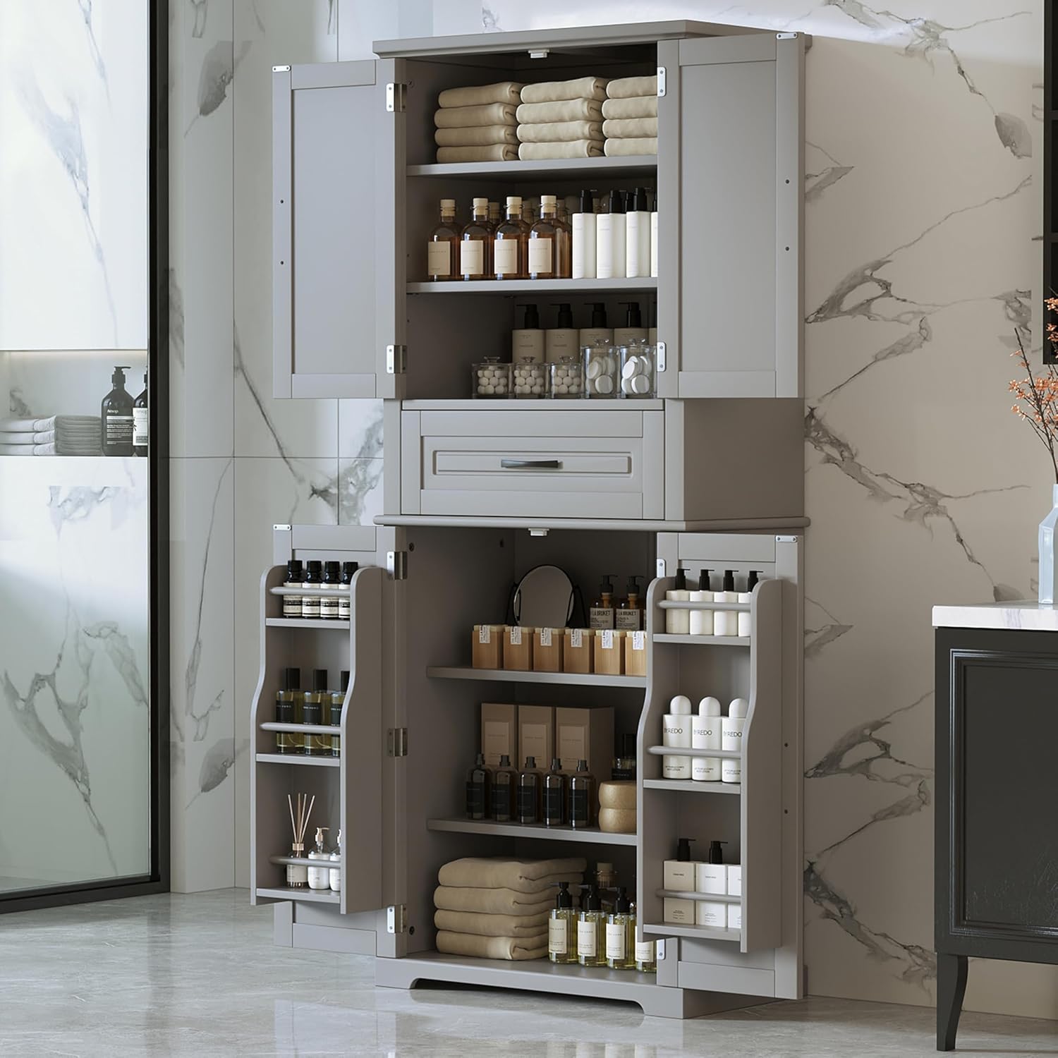 Tall Bathroom Storage Cabinet with Adjustable Shelves and Drawer