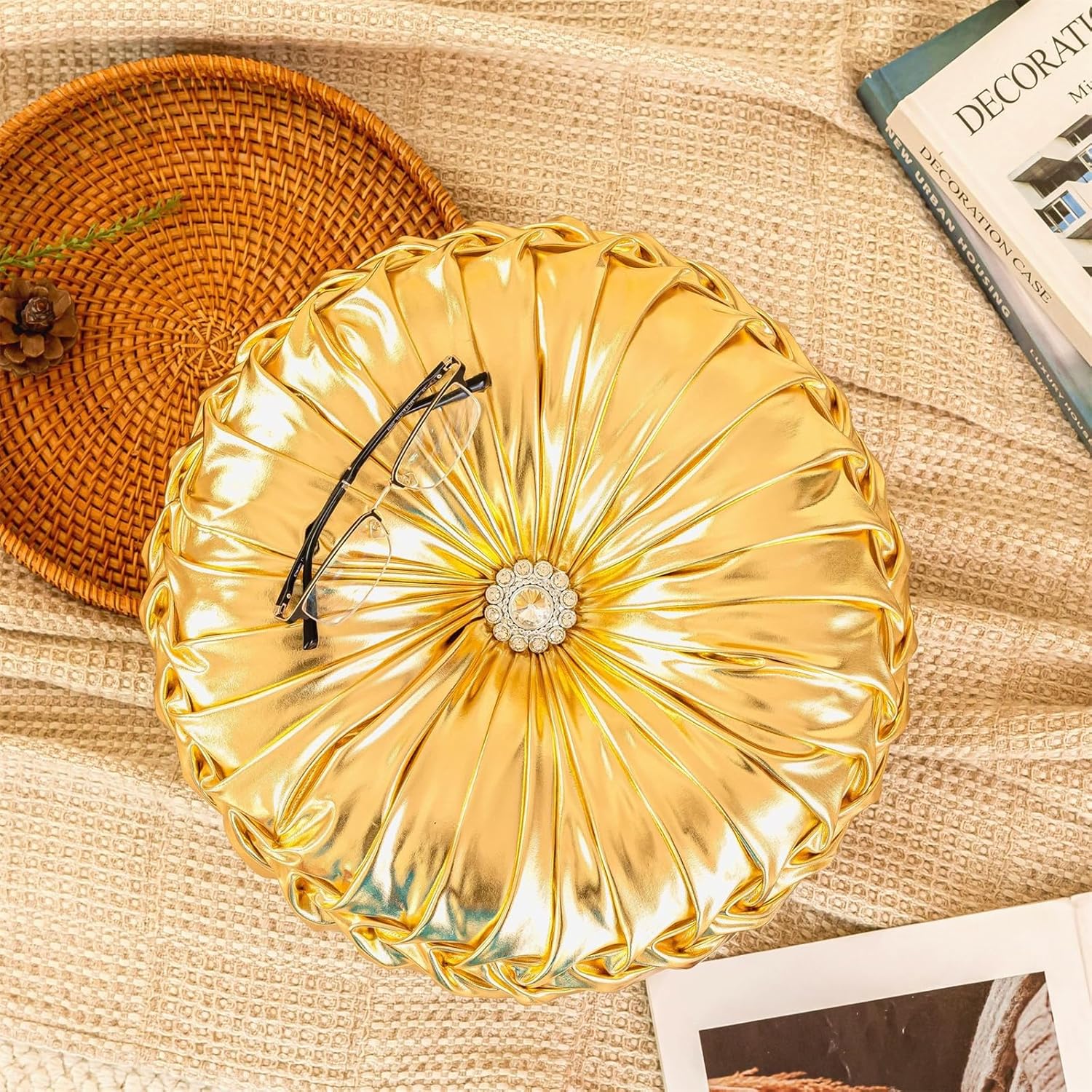 Handmade Gold Round Throw Pillows with Metallic Decor