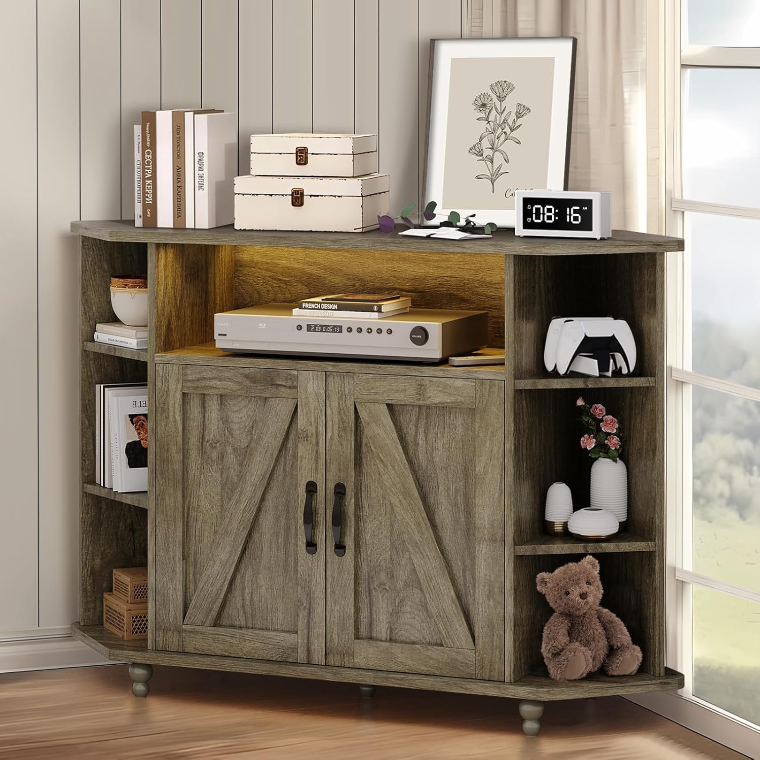 4 Ever Winner Corner TV Stand for 50 Inch TV Farmhouse Style with LED Light Open Storage Adjustable Shelves Grey