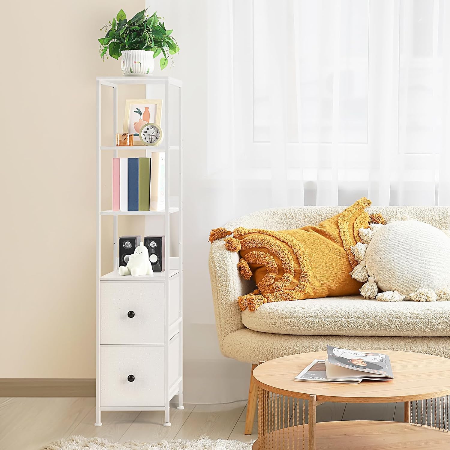 NOVIMANGO White Bathroom Storage Cabinet with 5-Tier Shelves and Fabric Drawers