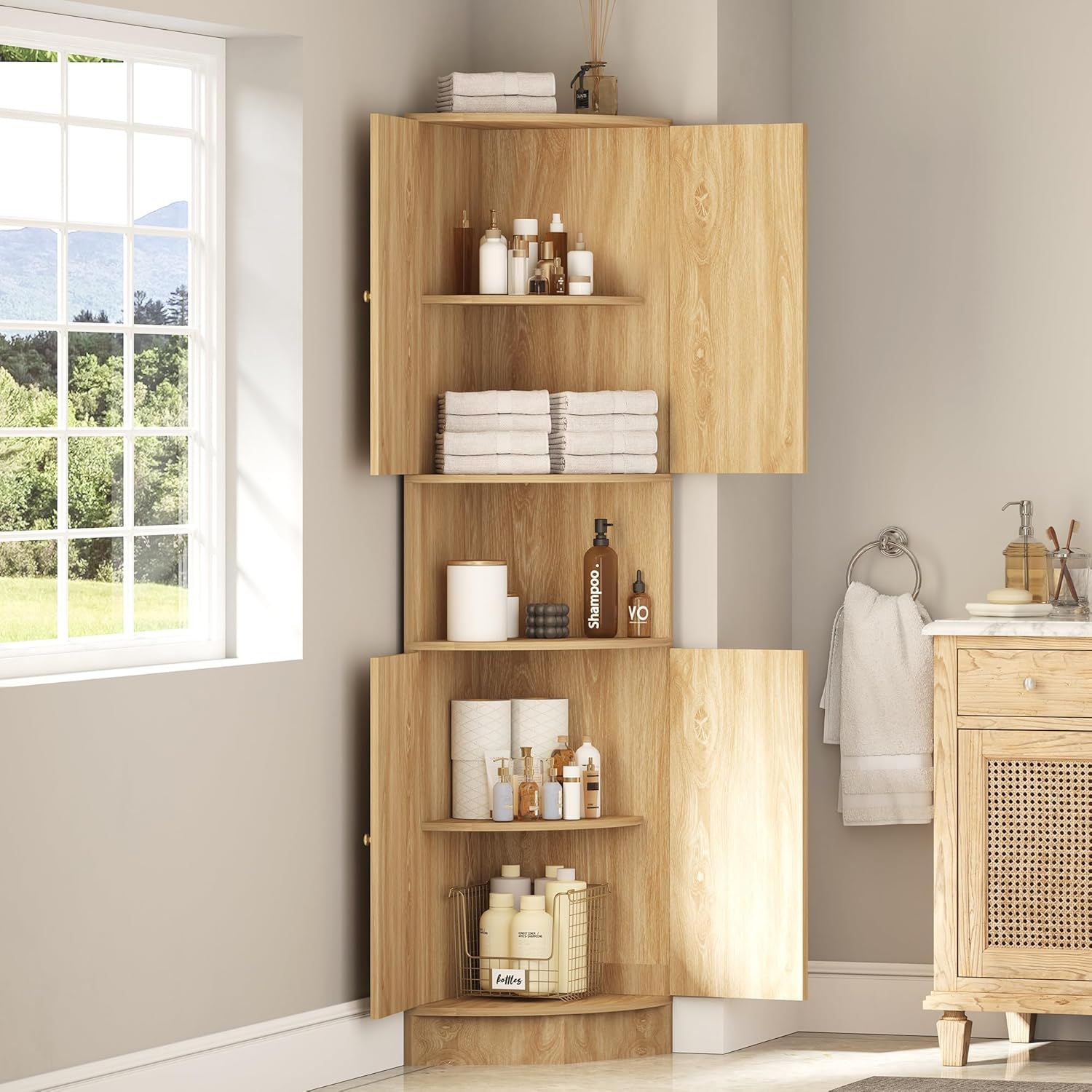 71 Inch Tall Corner Cabinet with Doors and 5-Tier Shelves