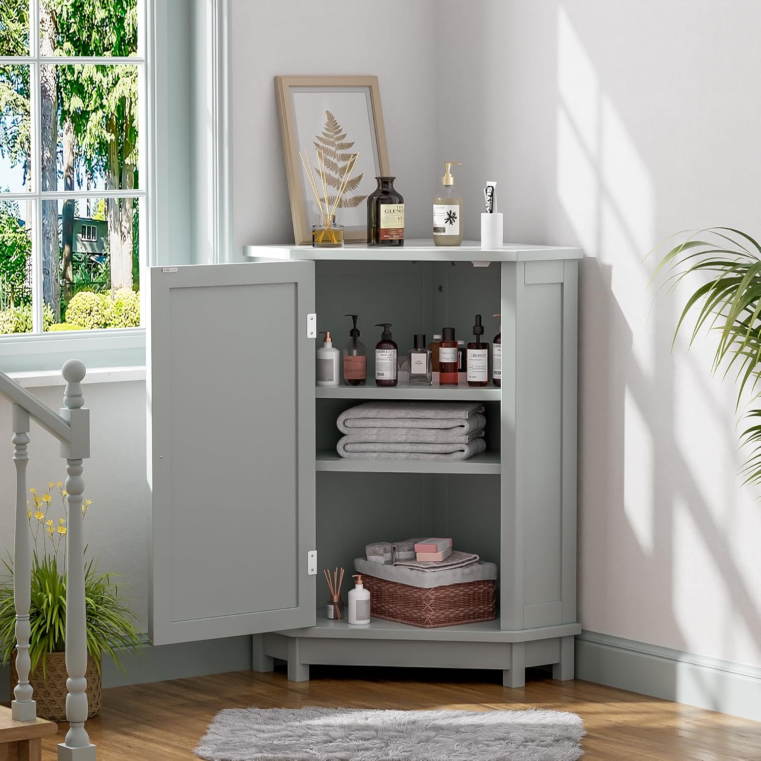 Merax Corner Storage Cabinet with Adjustable Shelf Grey