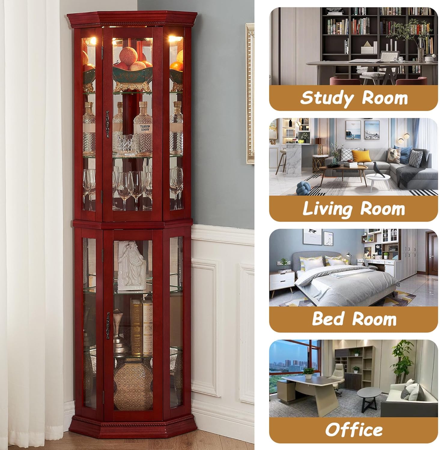 70 Inch Corner Curio Cabinet with LED Lights Cherry