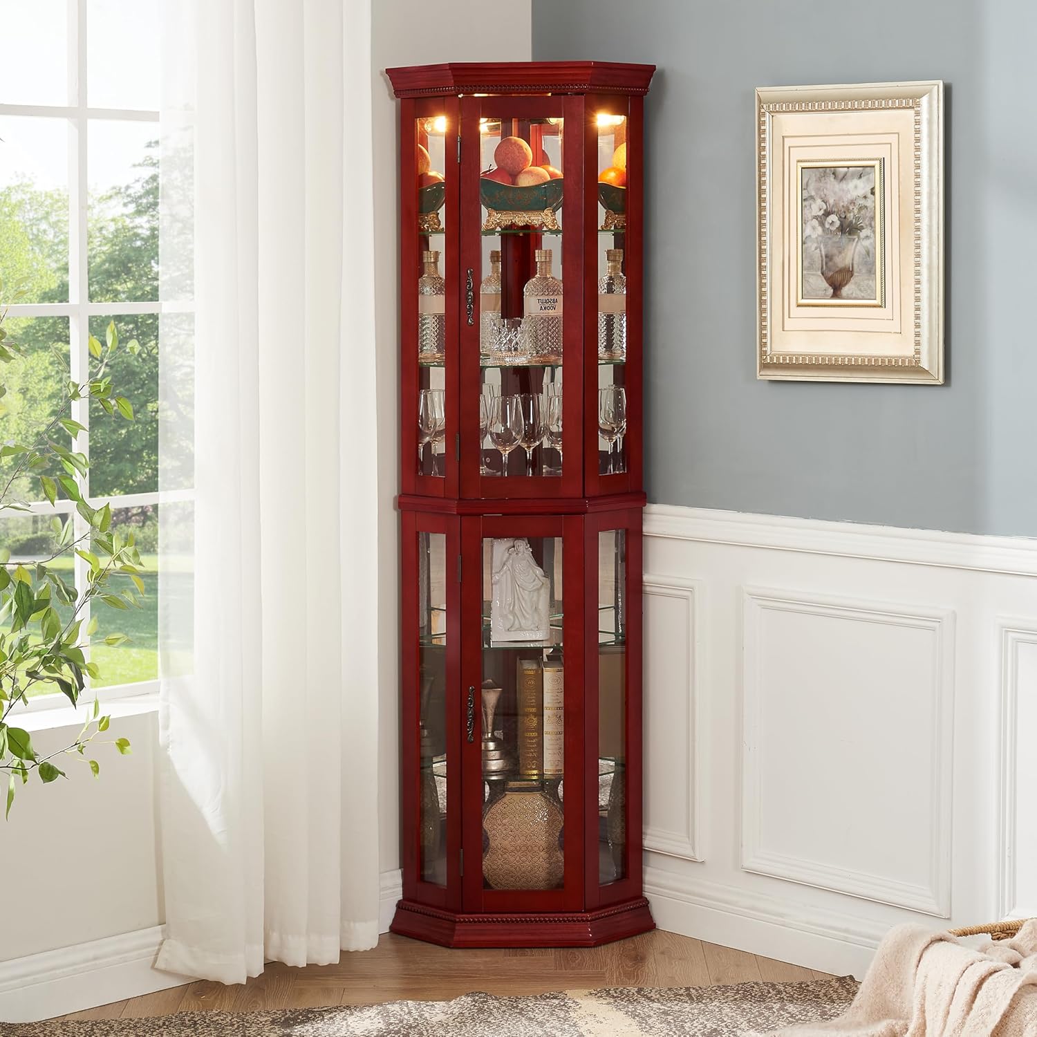 69 Inch Lighted Curio Cabinet with Tempered Glass Door and Adjustable Shelves