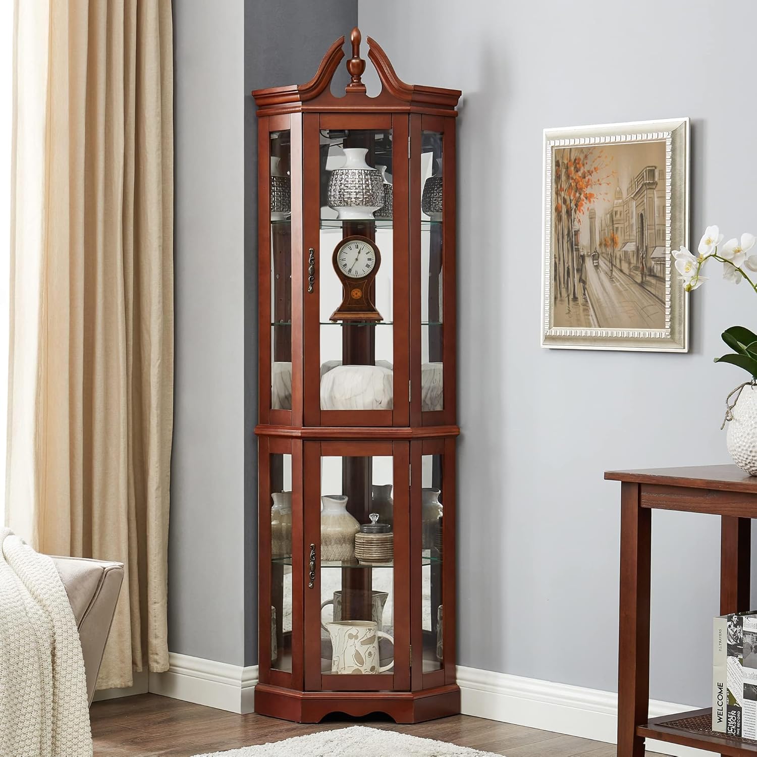 Lighted Corner Curio Display Cabinet with Tempered Glass Doors