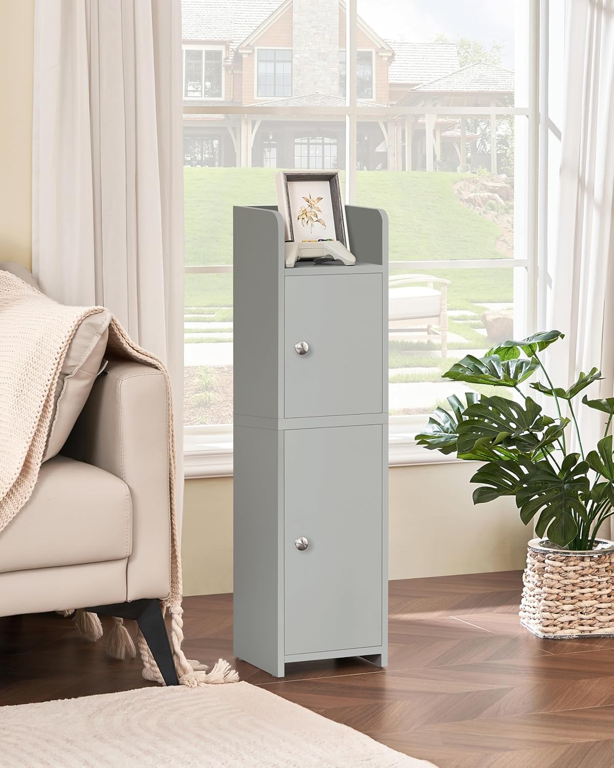 FIONESO Small Bathroom Storage Cabinet with Doors and Adjustable Shelves Grey