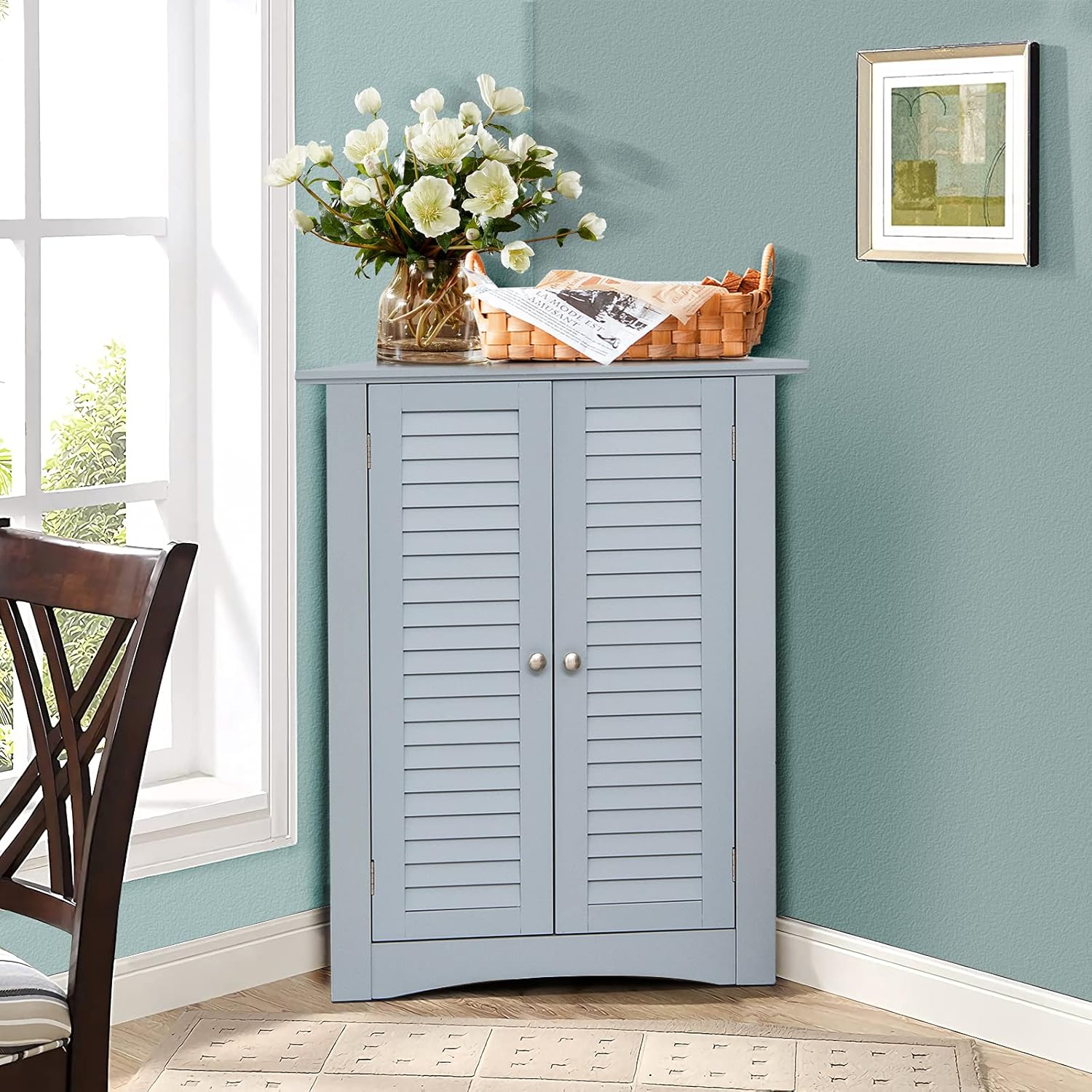 Tangkula Corner Cabinet with Double Doors and Adjustable Shelf Grey