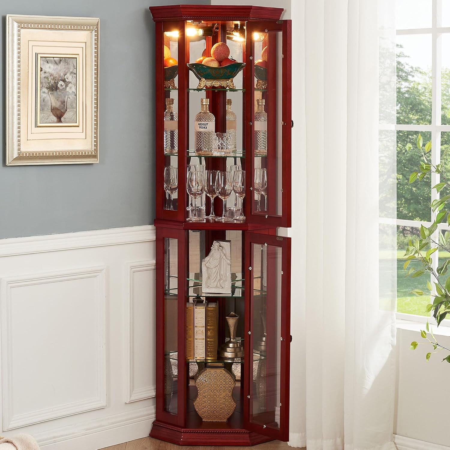 70 Inch Corner Curio Cabinet with LED Lights Cherry