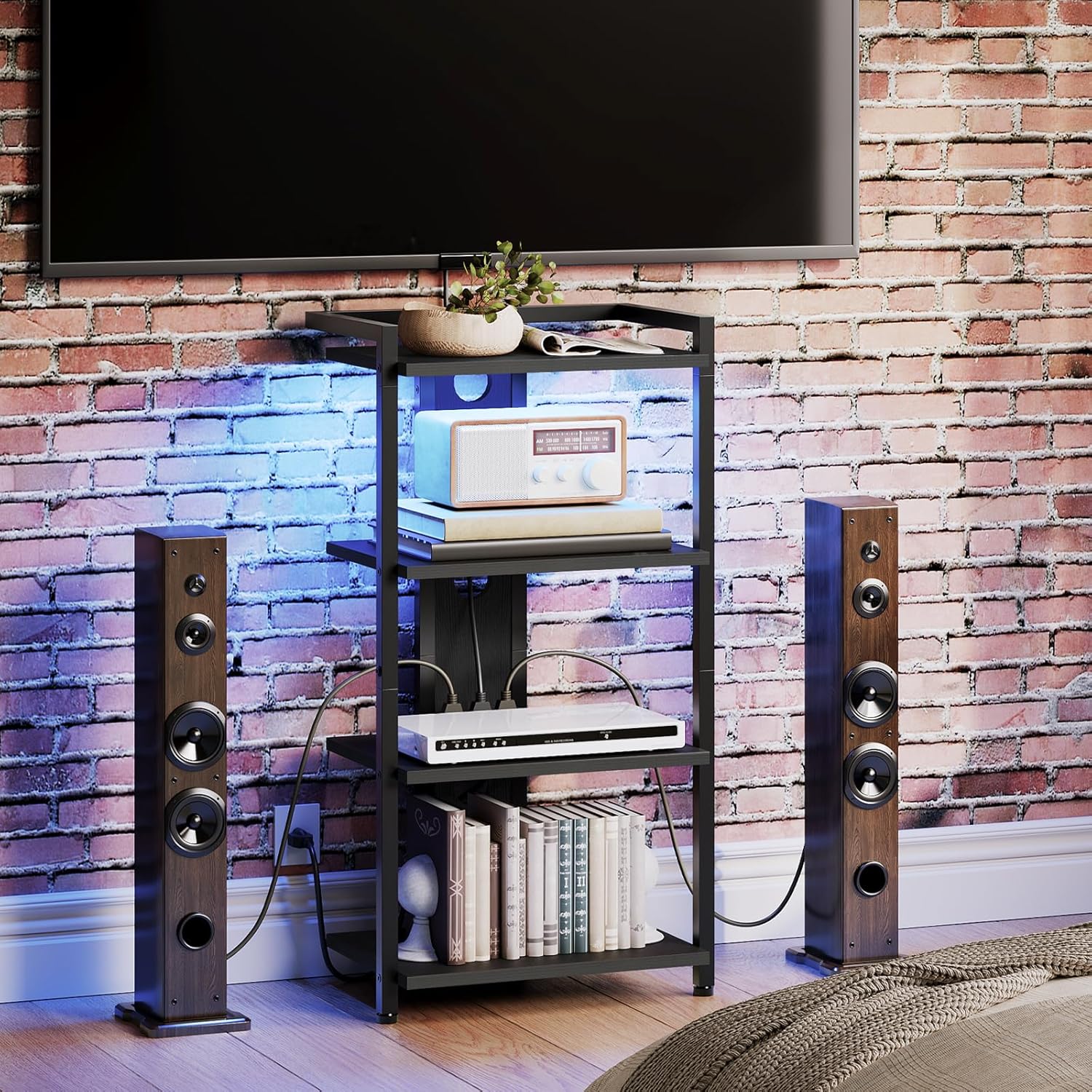 HOOBRO 4-Tier AV Media Console with LED Light and Charging Station Black
