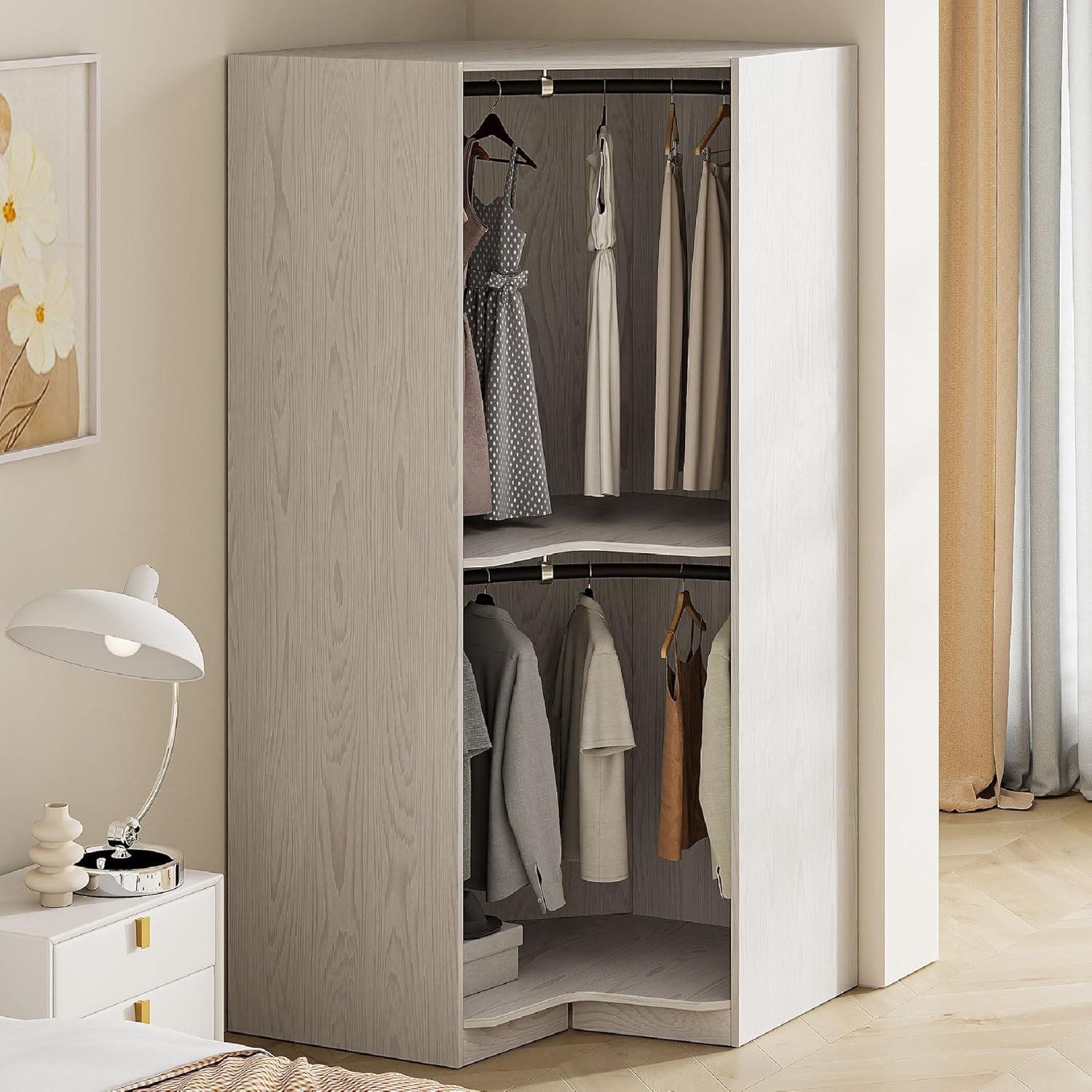 Merax Corner Wardrobe Organizer with 2 Hanging Rails and Shelves