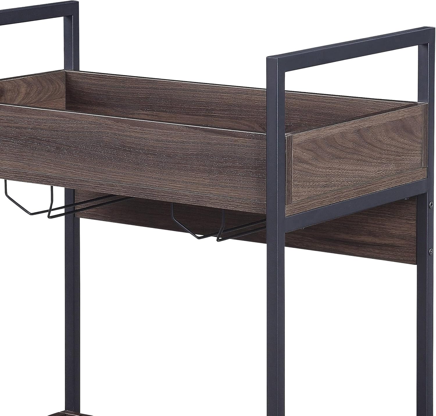 Walnut and Black Serving Cart with Two Shelves and Cup Holder